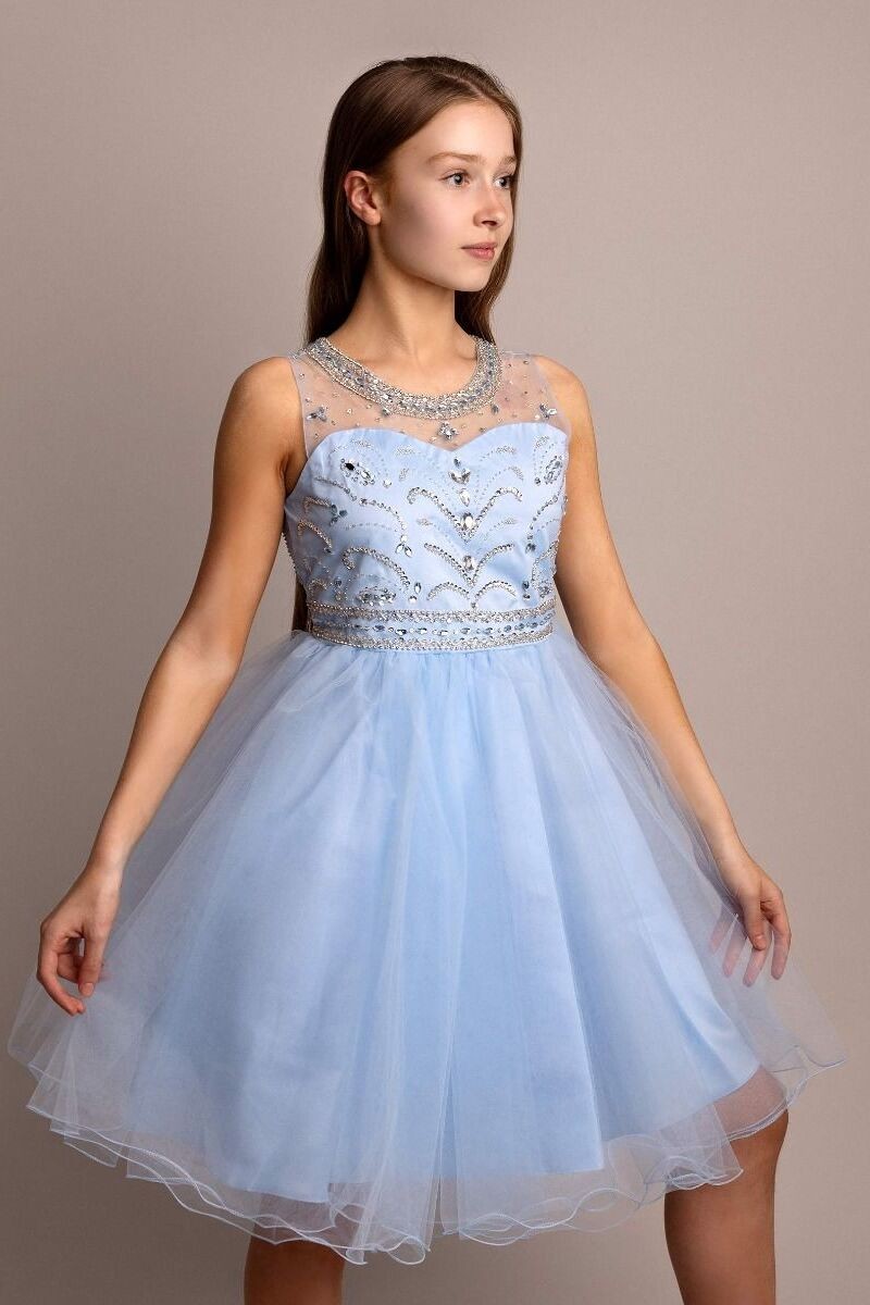 Girls Tulle Dress with Sequin Embellishments - LOLA - Baby Blue