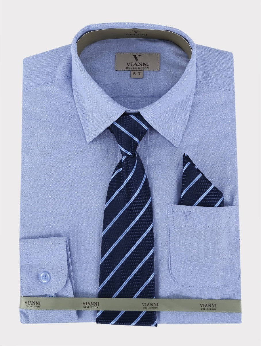 Ensemble Chemise à Manches Longues en Coton, Cravate et Mouchoir pour Garçons - Bleu - Cravate à Motifs