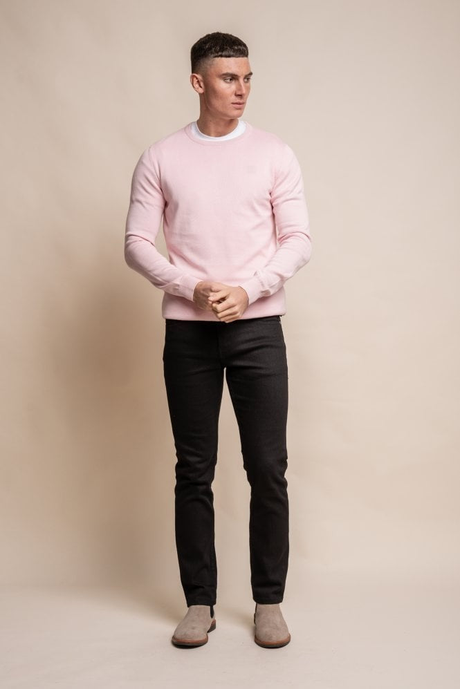 Pull en coton ajusté à col rond pour hommes - Rose