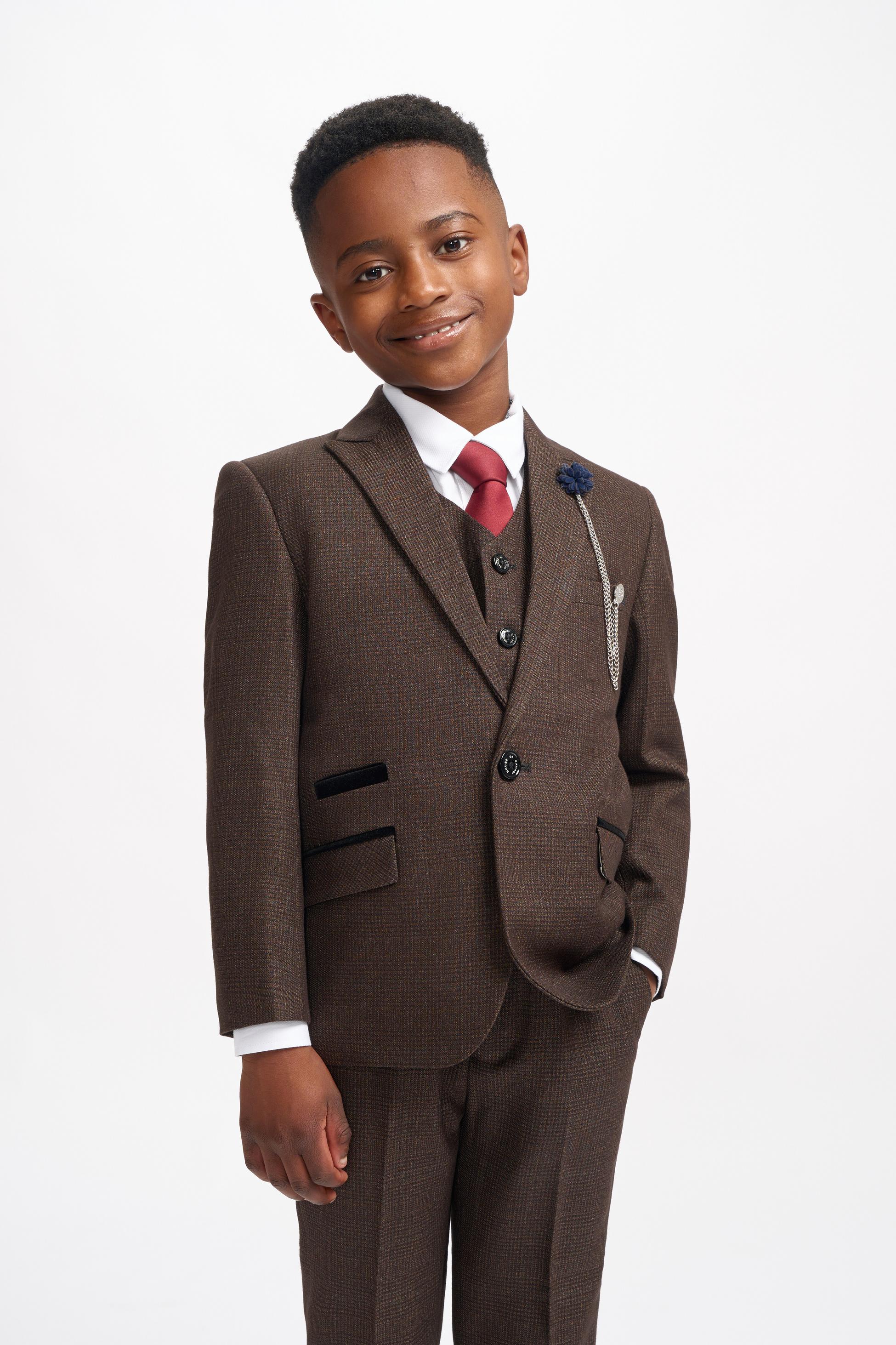 Boys Slim Fit Tweed Check Suit - CARIDI - Brown