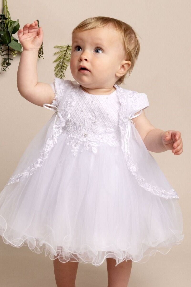 Baby Girls White Tulle Christening Dress Set - FAITH - White