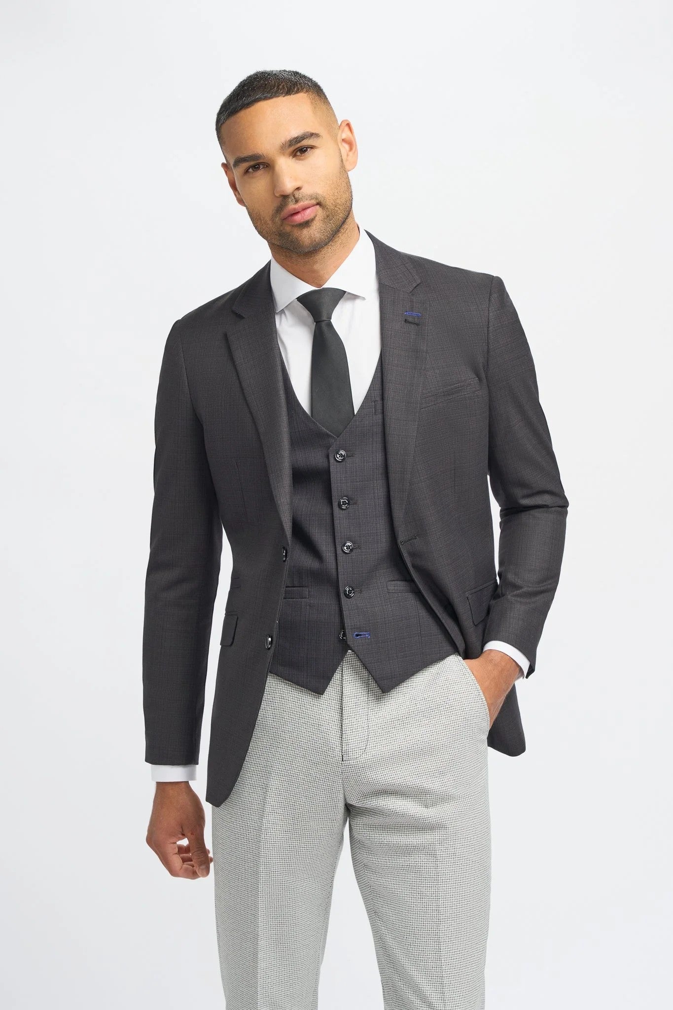 Men's Dark Grey Slim Fit Suit Jacket and Waistcoat with Light Grey Houndstooth Trousers - Grey