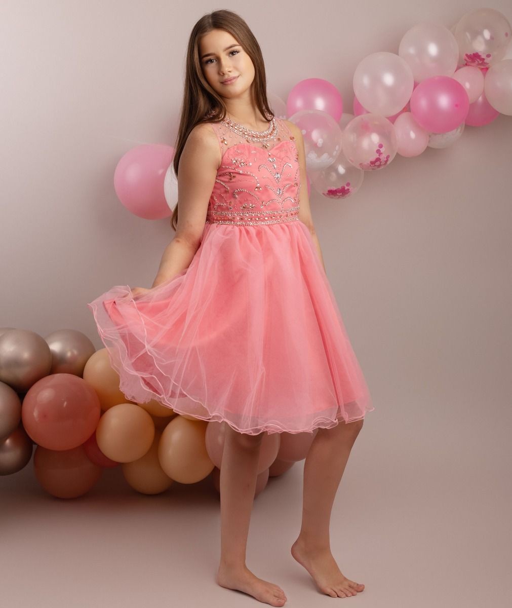 Robe en tulle avec embellissements en sequins pour filles - LOLA - Rose Corail