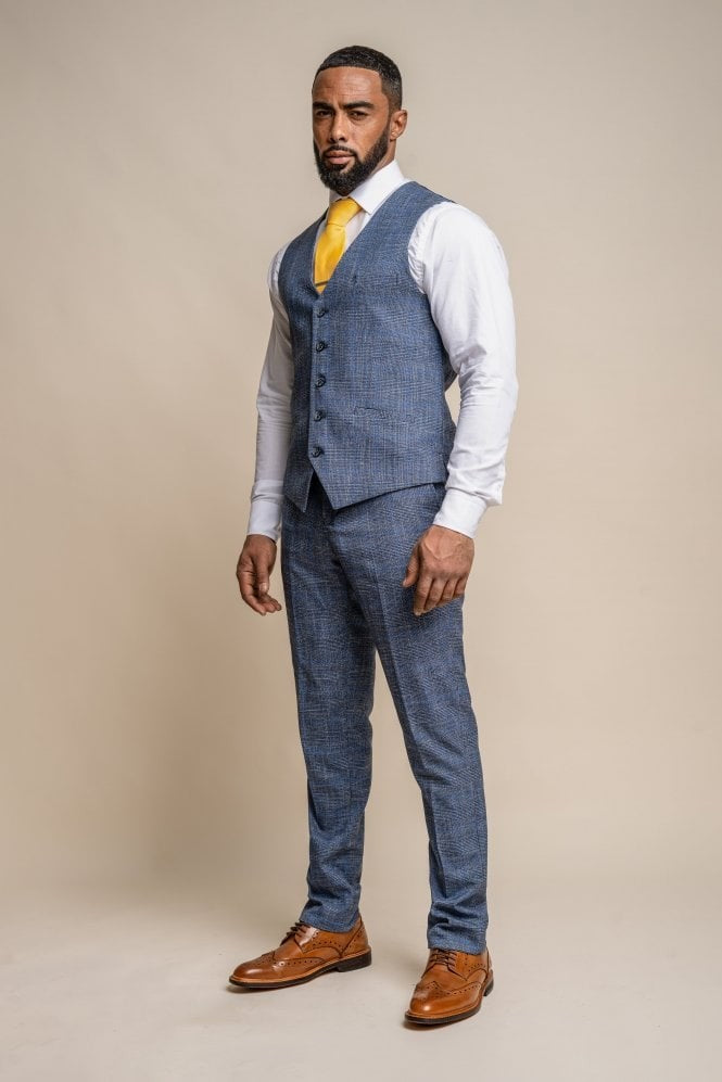 Men's Check Slim Fit Blue Waistcoat - PHANTOM - Blue