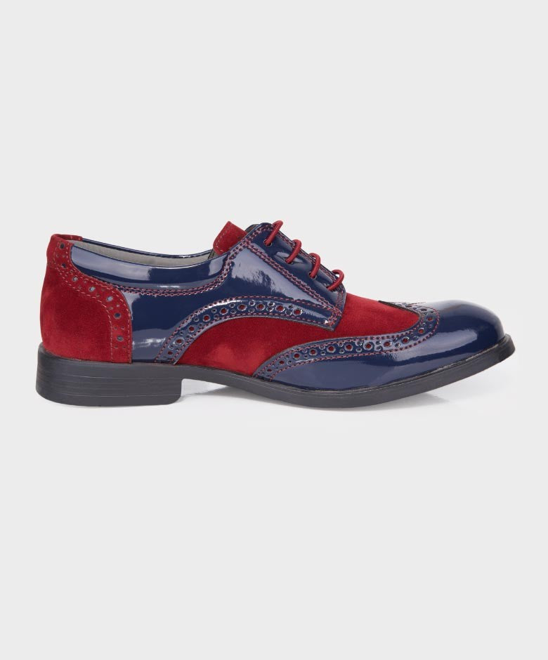 Chaussures Derby Brogue en Cuir Verni et Suède pour Garçons - Bleu Marine - Bordeaux