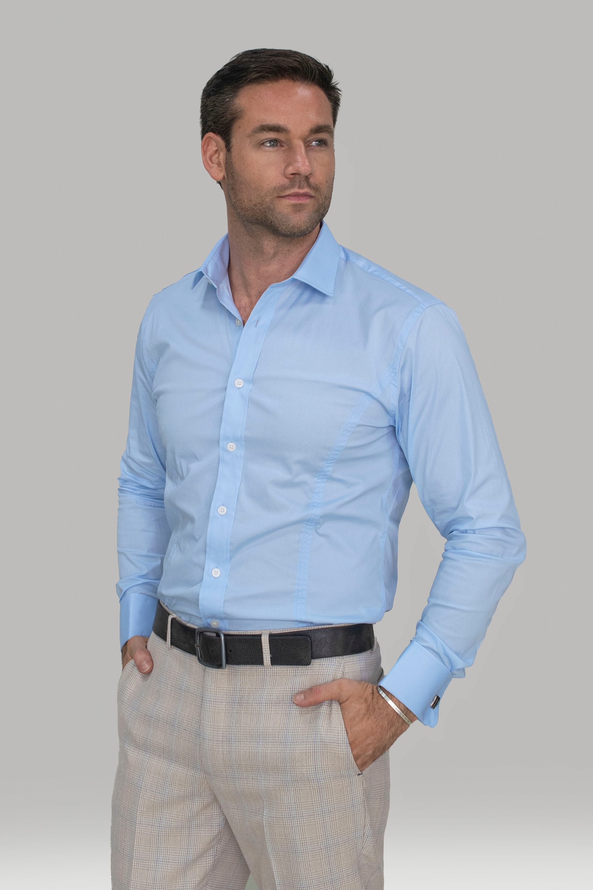 Men's Cotton Slim Fit Shirt with Cufflinks - ROSSI - Sky Blue