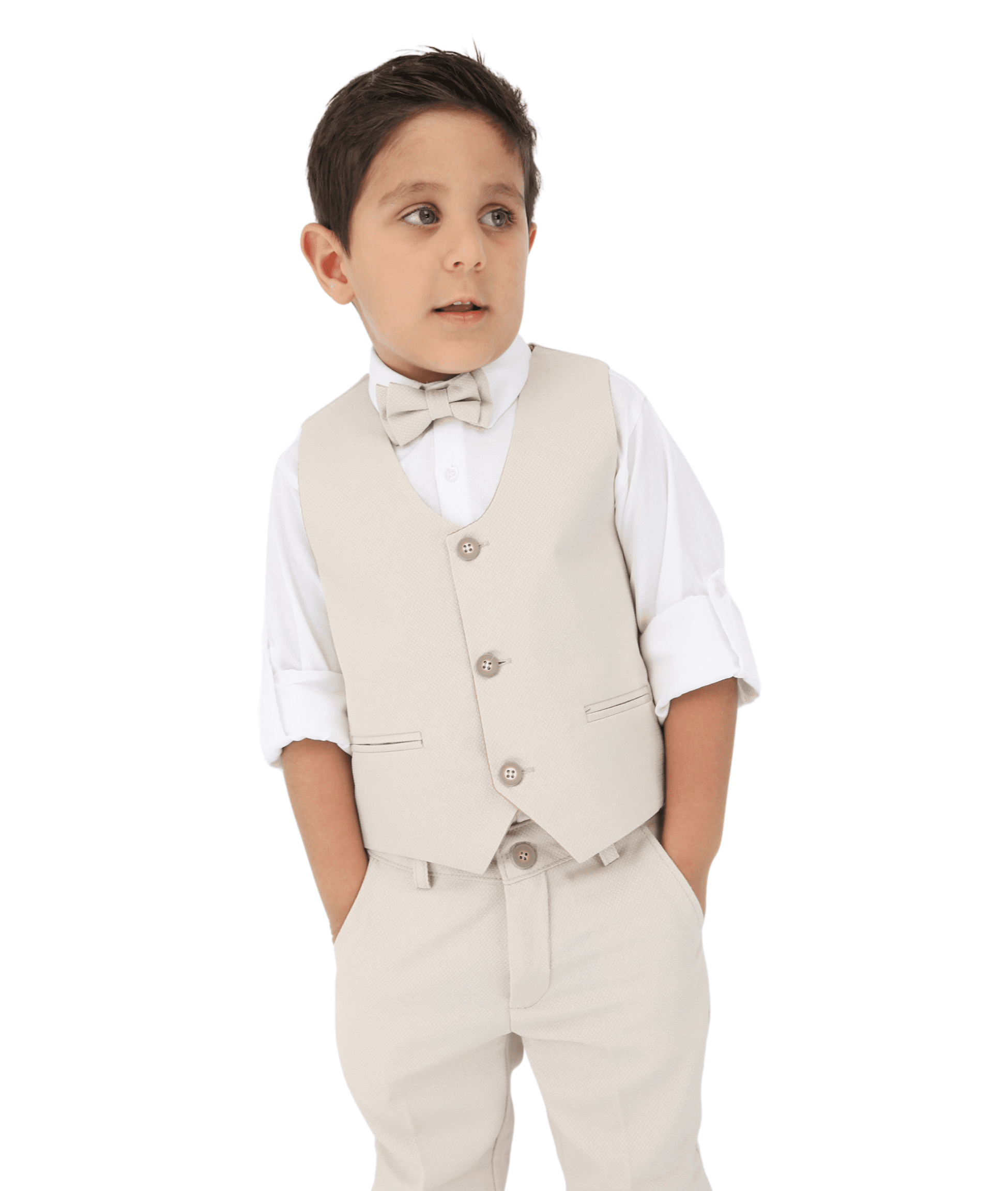 Jungen Slim Fit Texturierte Weste Anzug Set, formelle Outfit - Beige