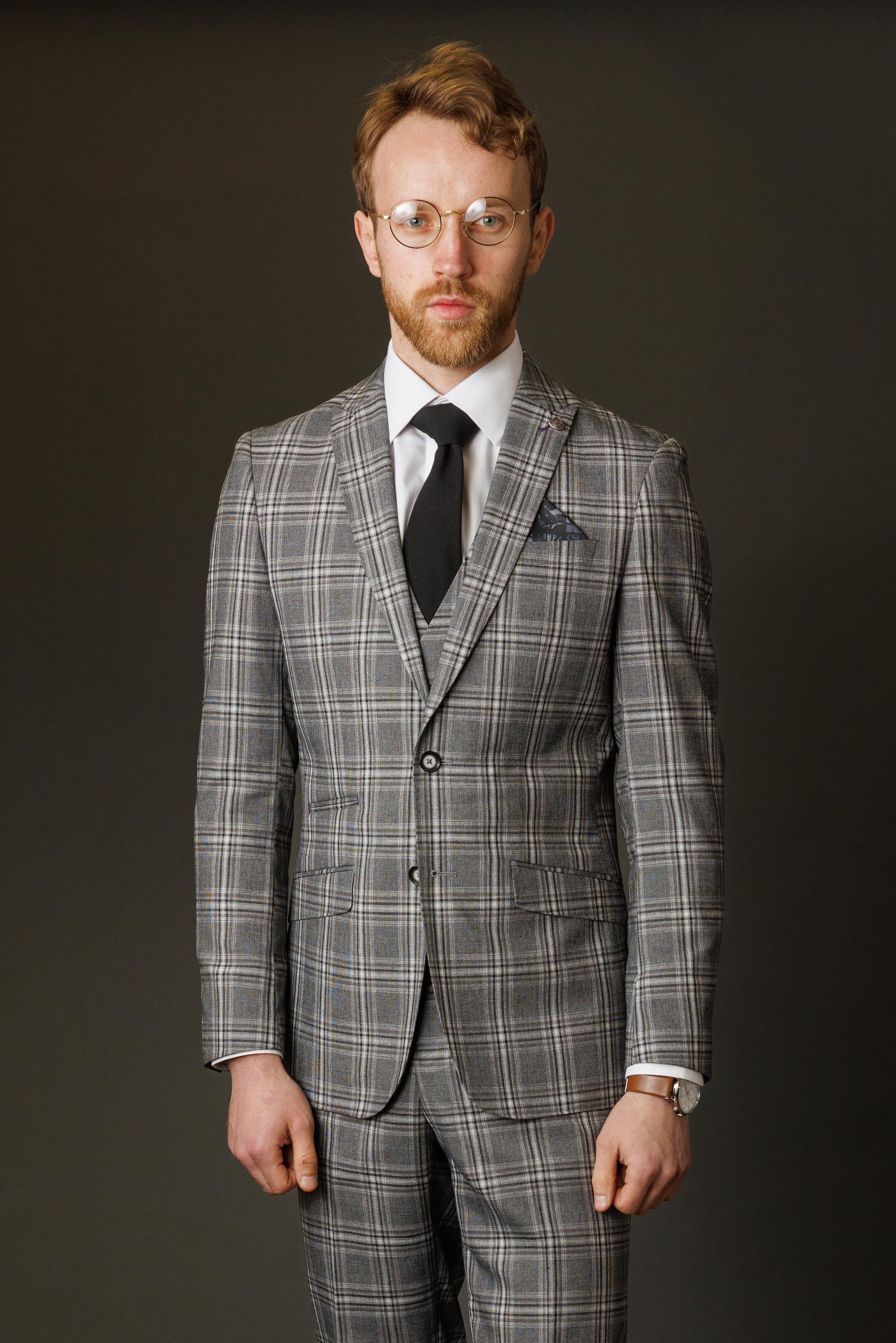 Men's Windowpane Check Slim Fit Suit - BLAKE - Grey