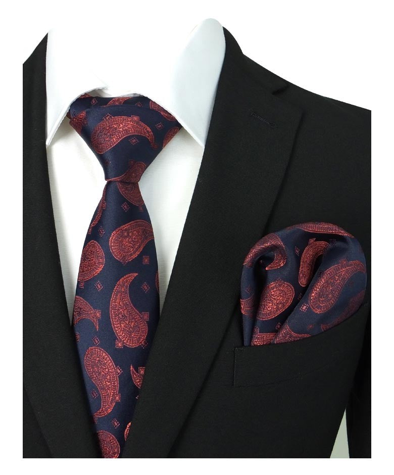 Ensemble Cravate et Mouchoir à Motifs Paisley pour Garçons et Hommes - Bleu Marine - Rouge