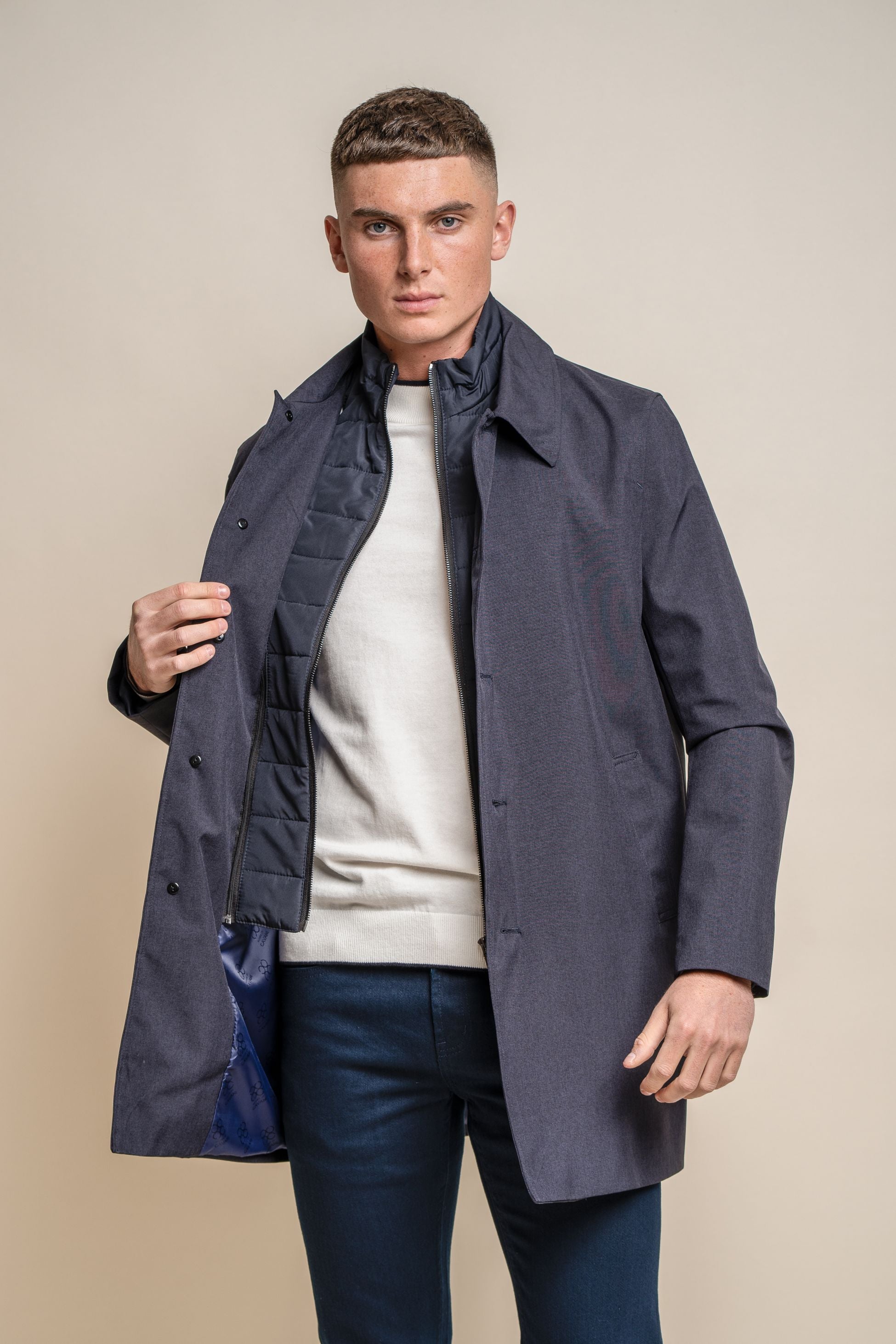 Men's Midi Length Geke Coat with Removable Zipper - BRANDO - Navy Blue