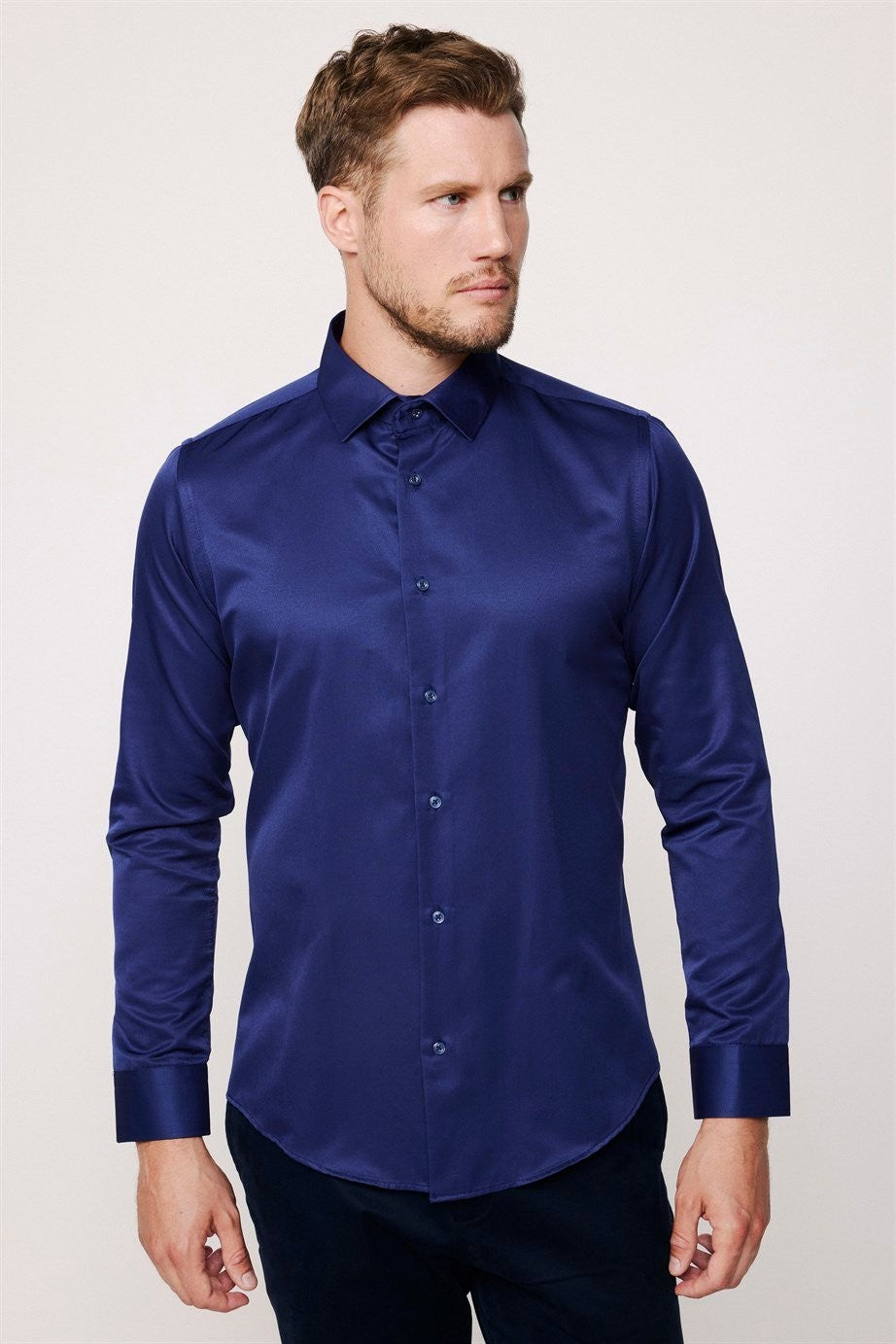 Chemise habillée en mélange coton ajusté à col boutonné - Dimi Dotti - Bleu Nuit