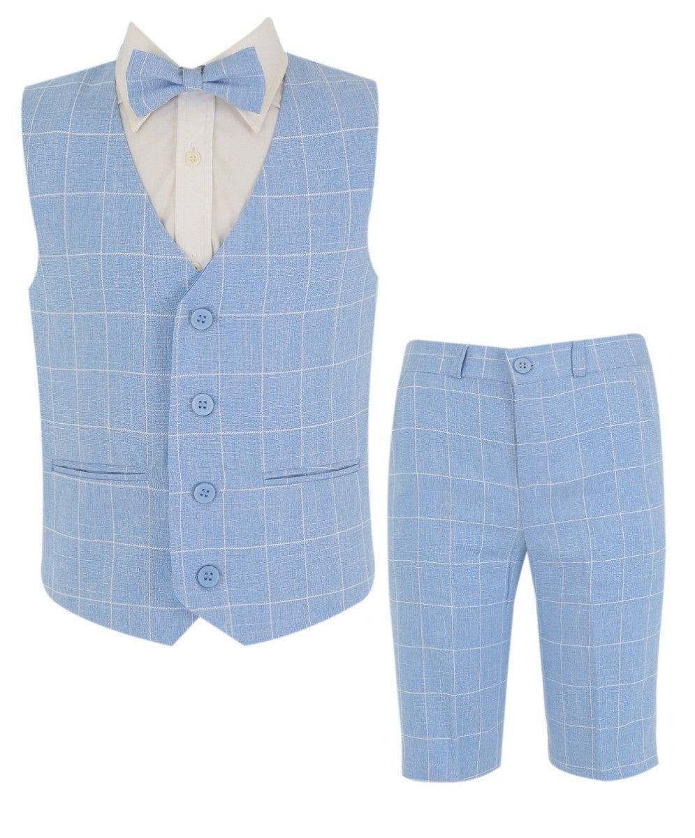 Boys Windowpane Check Blue Waistcoat Set - E-SAM - Blue