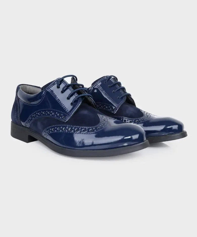 Chaussures Derby Brogue en Cuir Verni et Suède pour Garçons - Bleu Marine