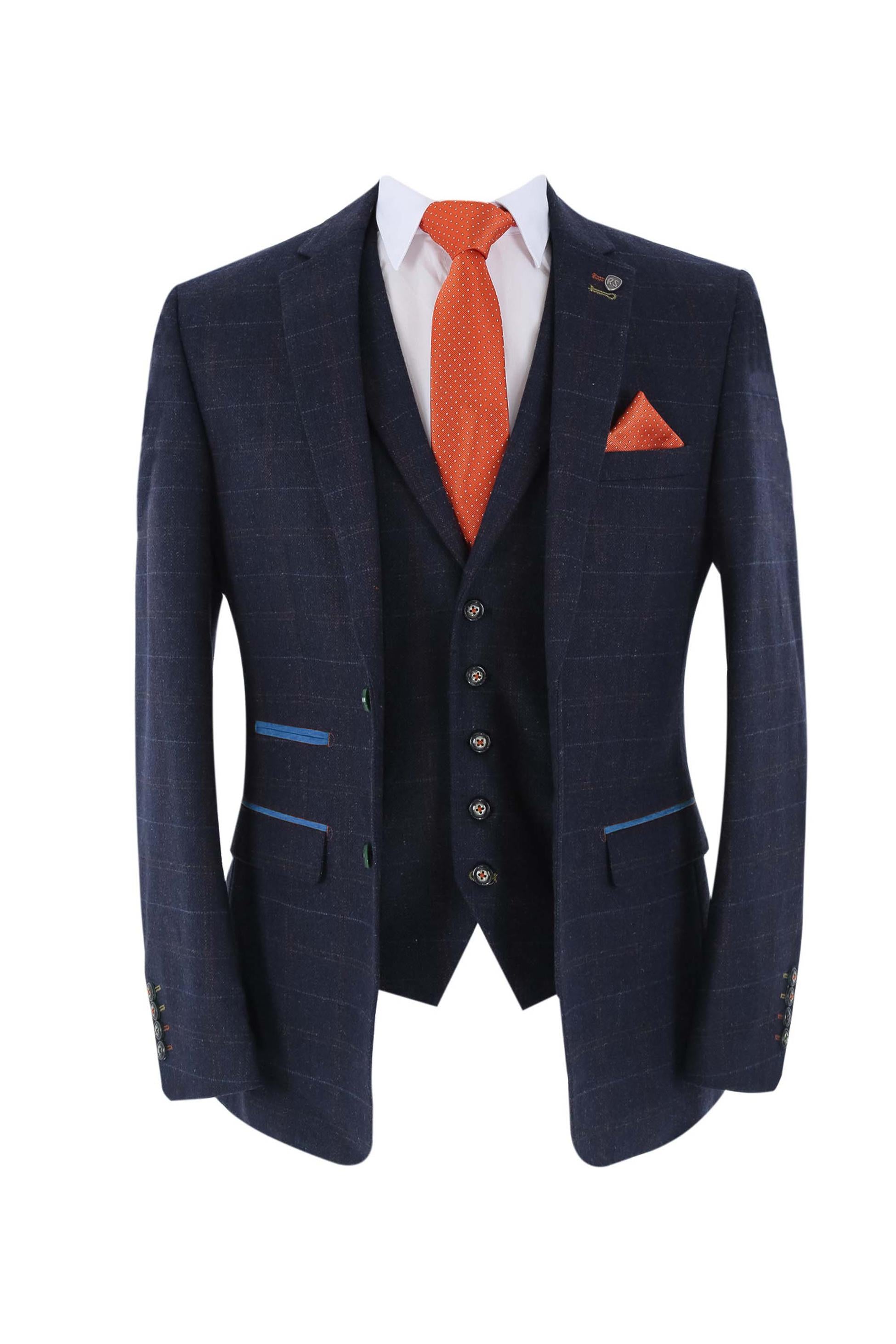 Veste de Costume en Tweed à Motif Windowpane Bleu Marine Tailleur pour Homme - RYAN - Bleu Marine