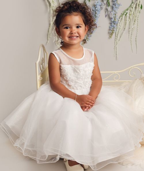 Girls Ivory Floral Appliqué Dress with Glitter Tulle - JESSICA - Ivory