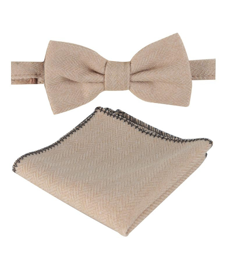 Jungen & Herren Fischgrät Tweed Fliege und Taschentuch - Beige