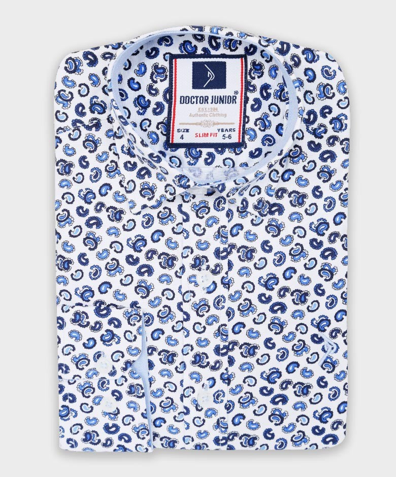 Boys Slim Fit Casual Paisley Shirt - White - Navy Blue