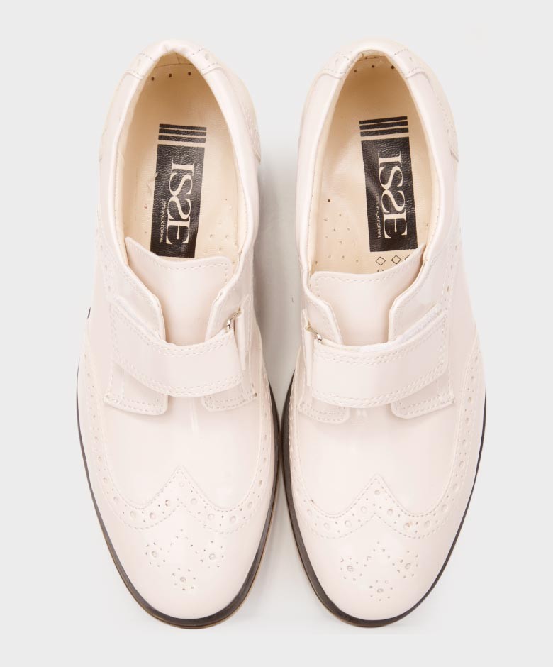 Boys Patent  Brogue Velcro Dress Shoes - Ivory-Cream