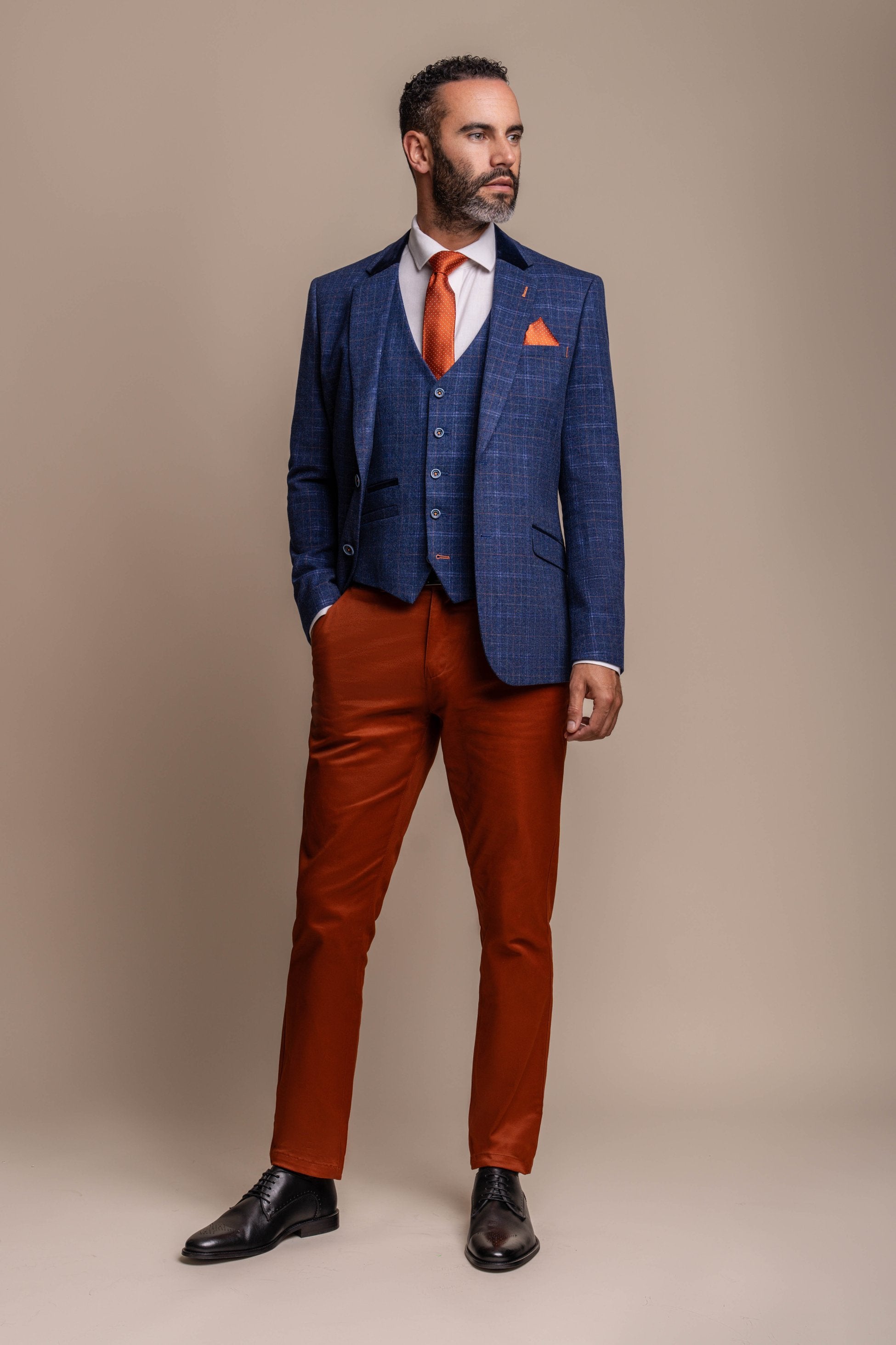 Men's Tweed Check Blue Suit & Brown Chino, Combined Suit Set - Navy Blue with Rust Brown