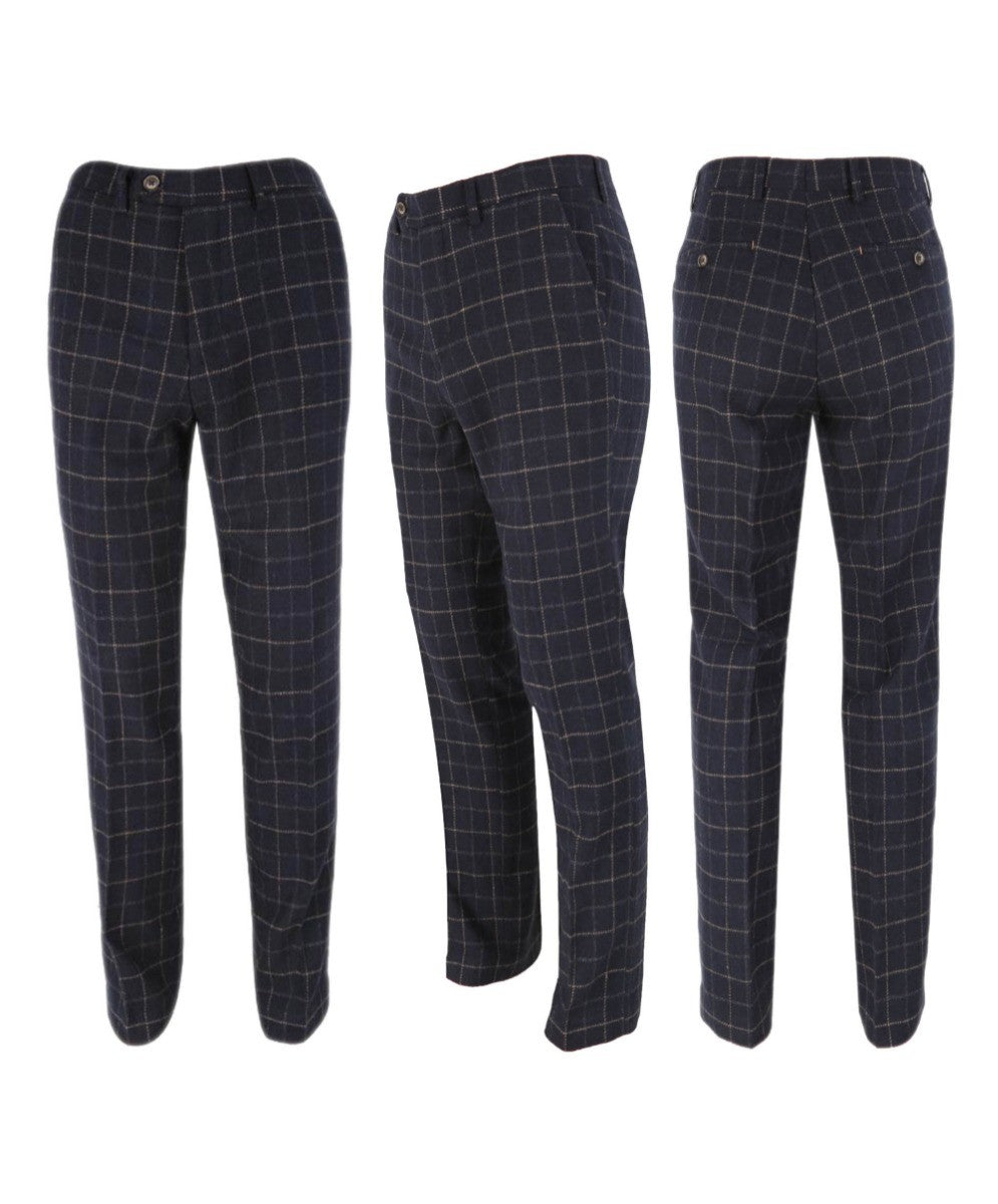 Pantalon en Tweed à Motif Check Bleu Marine Slim Fit pour Homme - SHELBY - Bleu Marine