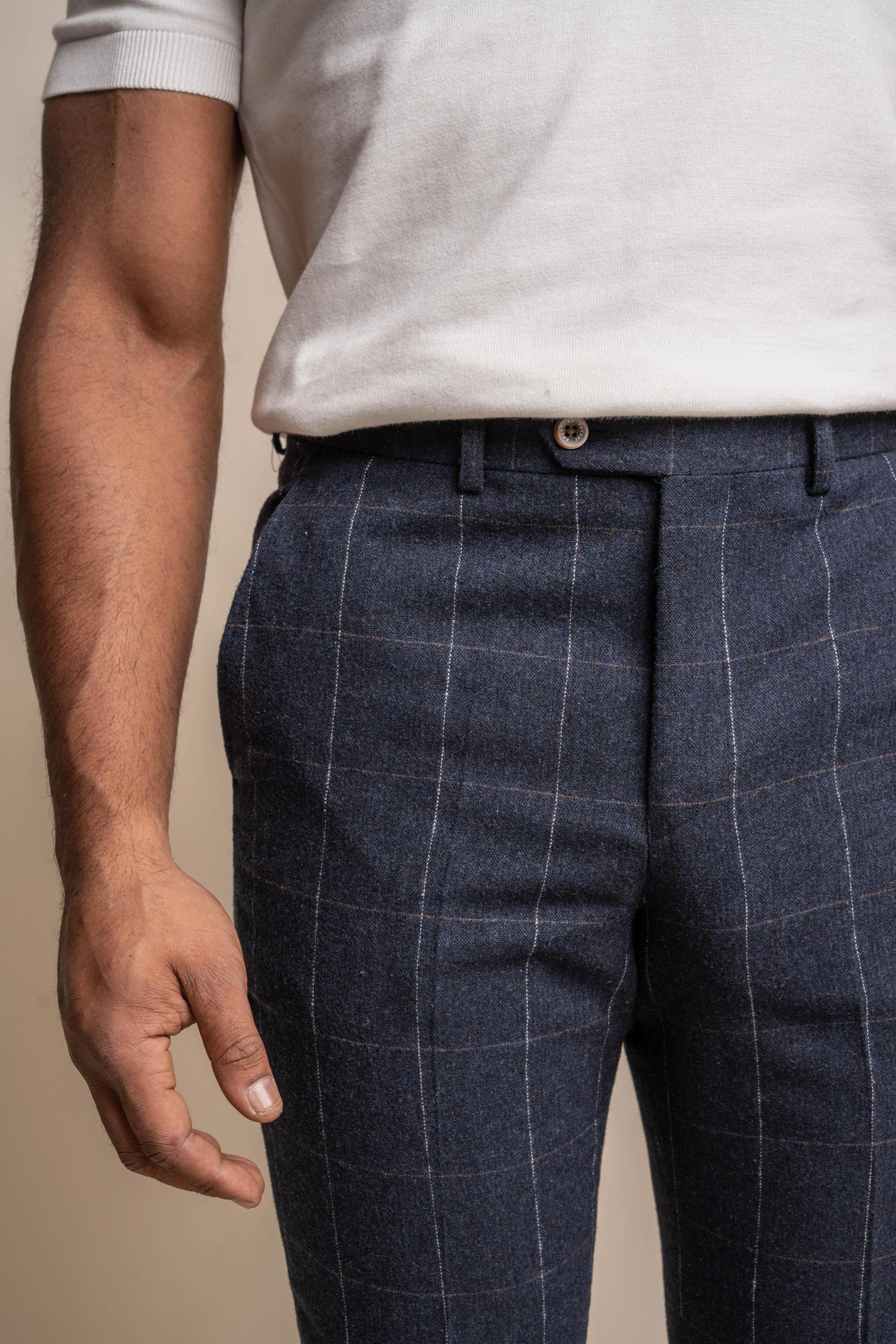 Pantalon en Laine à Motif Windowpane Bleu Marine pour Homme - ANGELS - Bleu Marine