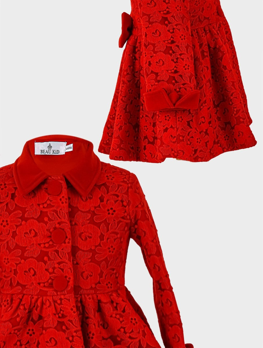 Ensemble Manteau Brodé Fleuri en Dentelle 2 Pièces pour Filles - Rouge