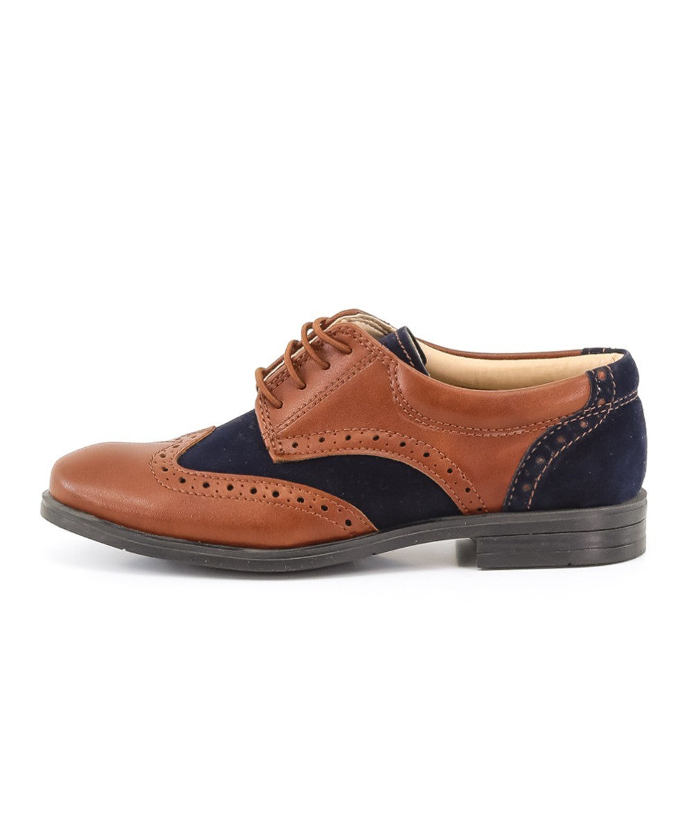 Chaussures Derby Brogue en Cuir Verni et Suède pour Garçons - Marron Clair - Bleu Marine