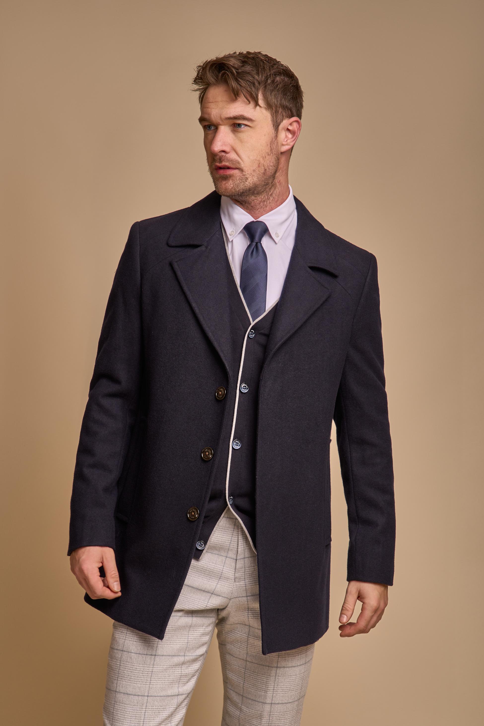 Men's Slim Fit Wool Blend Coat - MARCUS - Navy Blue