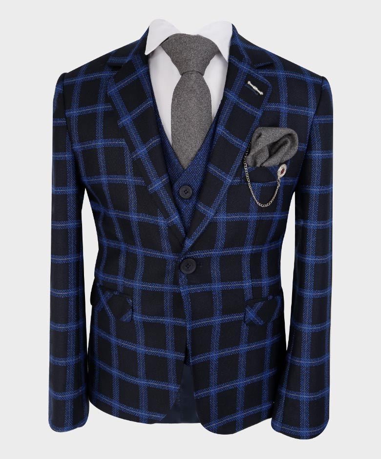 Jungen Maßgeschneiderter Windowpane Retro Karoanzug - Royalblau - Schwarz