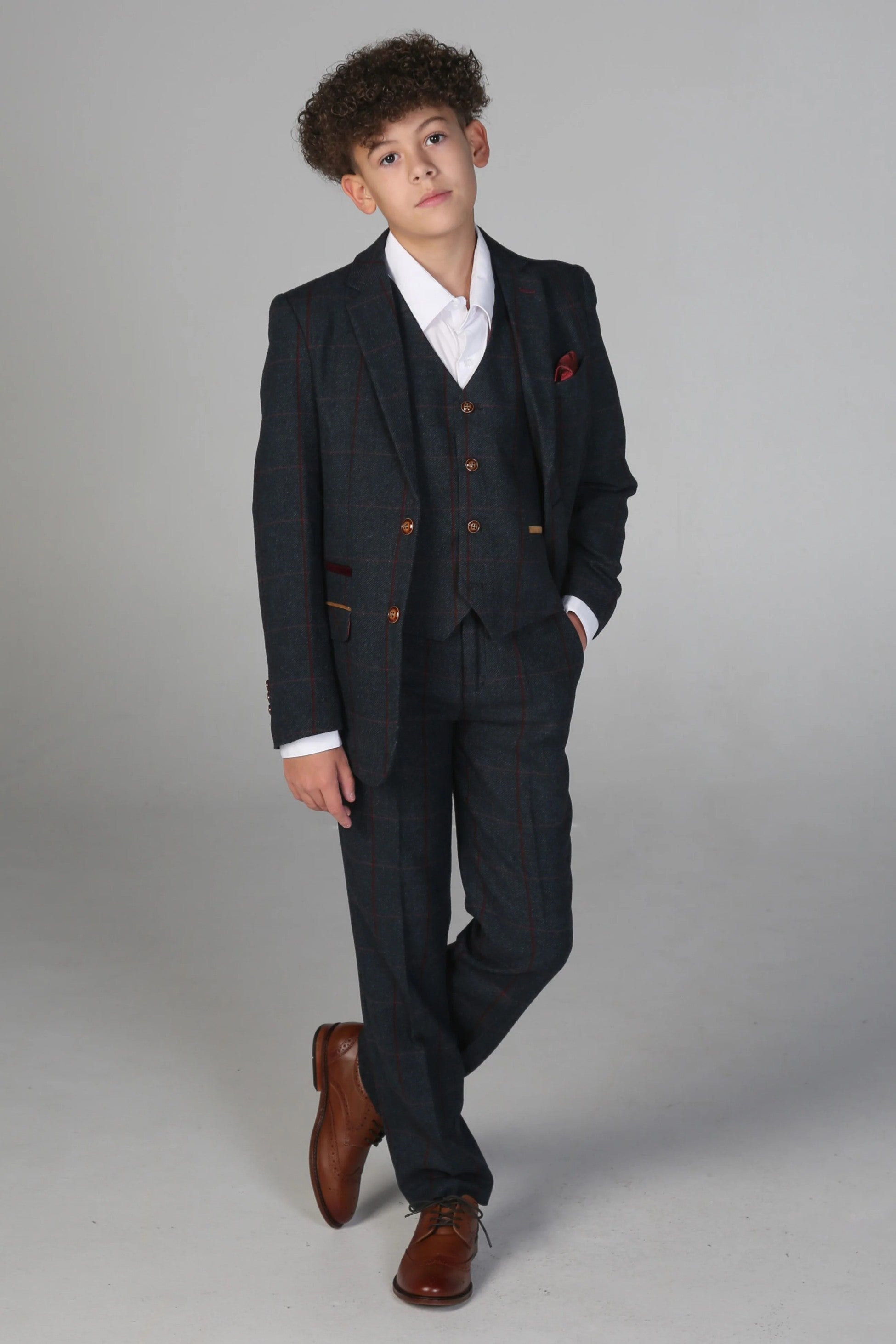 Boys 3 Piece Navy ًWindowpane Check Tweed Suit - MADRID - Navy