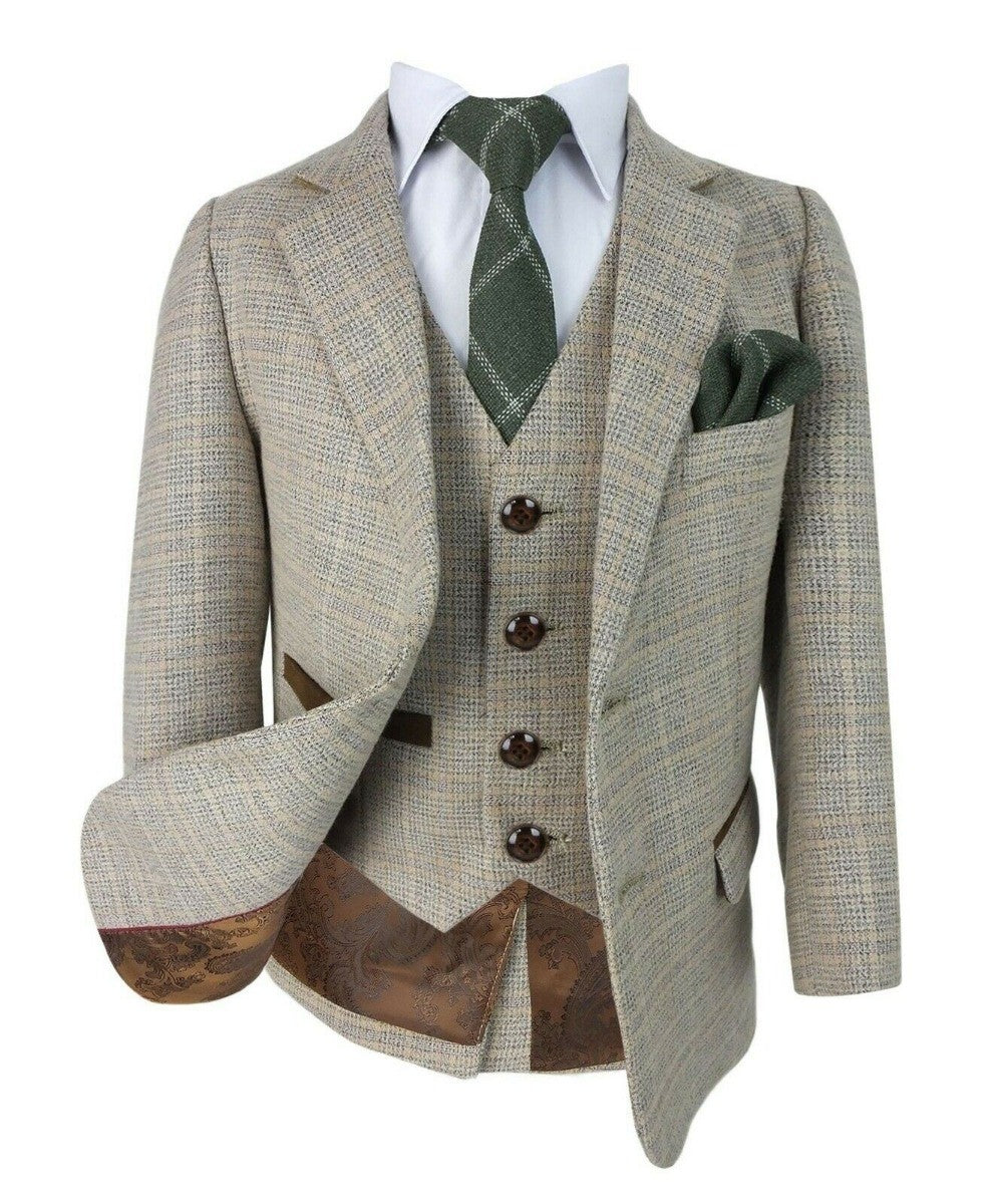 Jungen Tweed Karo Maßgeschneiderter Beige Formalanzug - HOLLAND - Beige - Braun