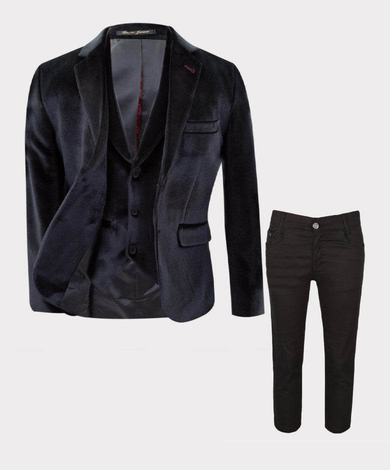 Costume en Velours Tailored Fit avec Patte de Coude pour Garçons - Noir