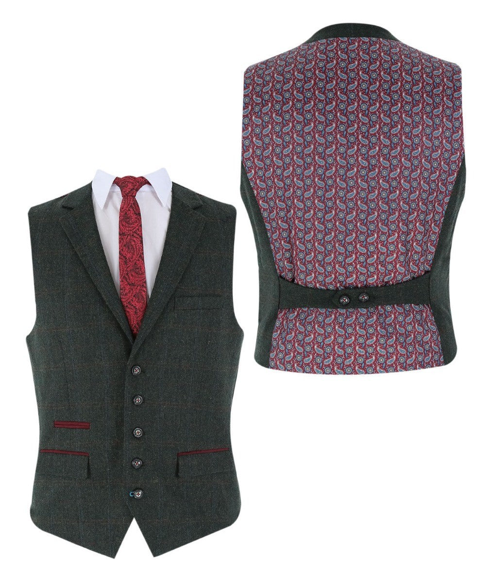 Men's Tweed Check Tailored Fit Suit - JOSHUA Green - Dark Green