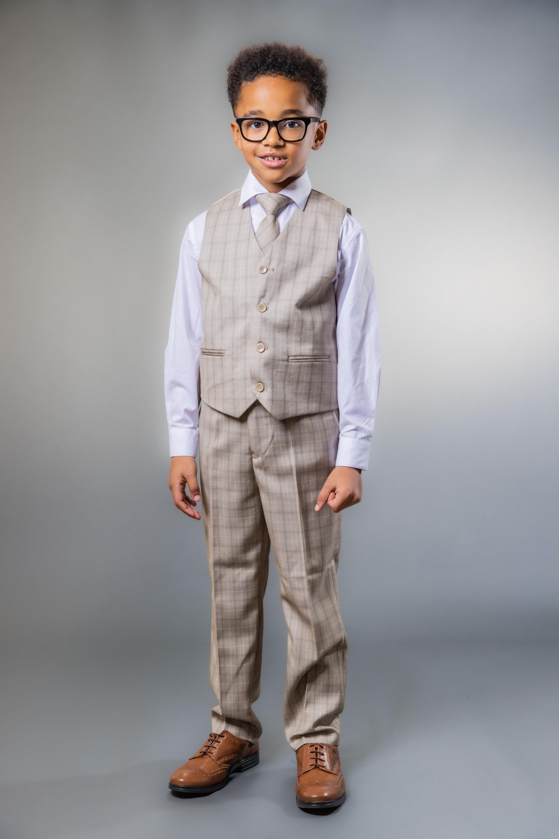 Jungen Tweed Karo Schlank geschnittener Anzug - Beige und Braun