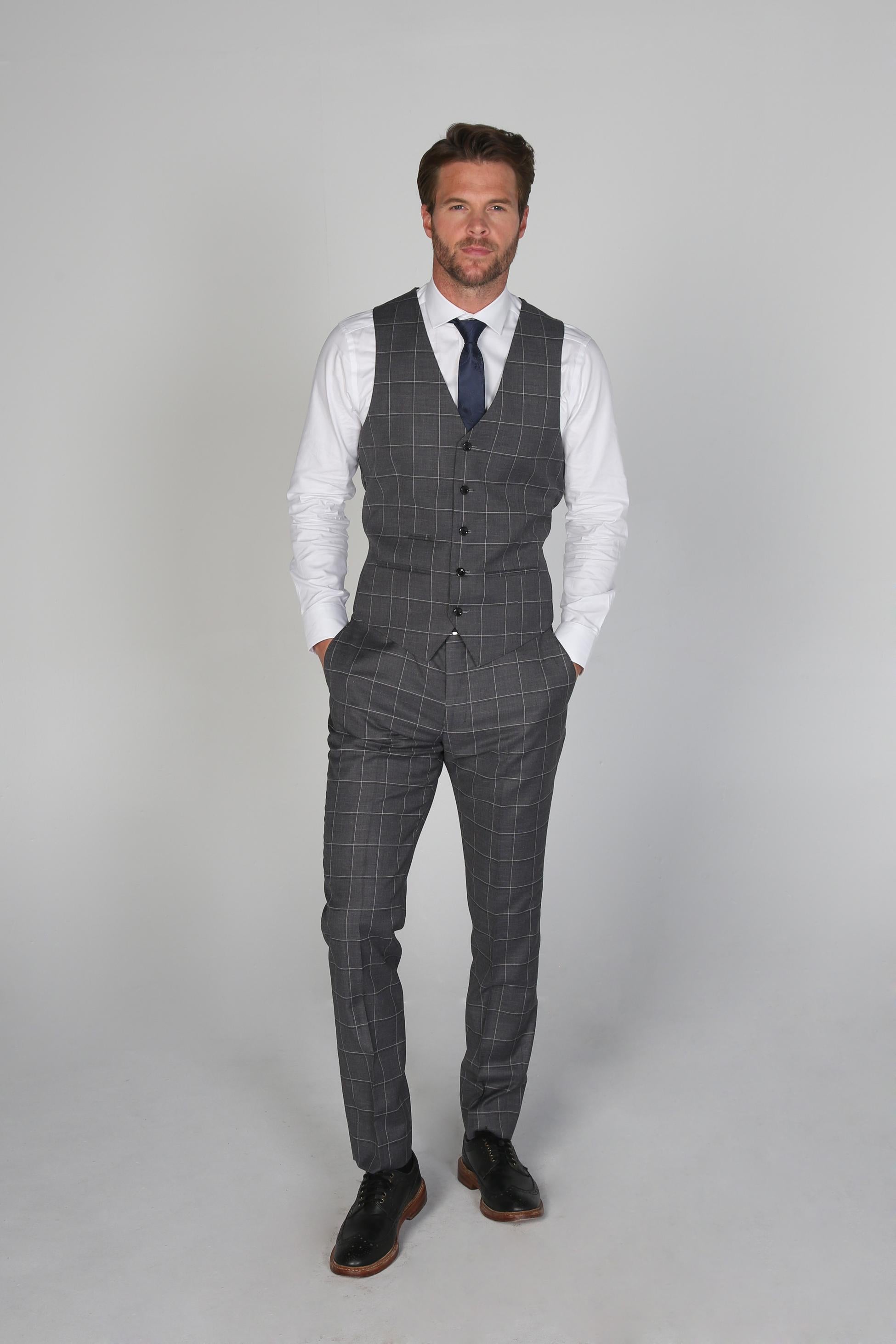 Men's Windowpane Check Tailored Fit Waistcoat - HOBBS - Grey