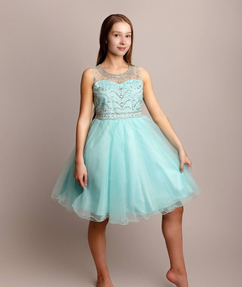 Girls Tulle Dress with Sequin Embellishments - LOLA - Aqua Blue