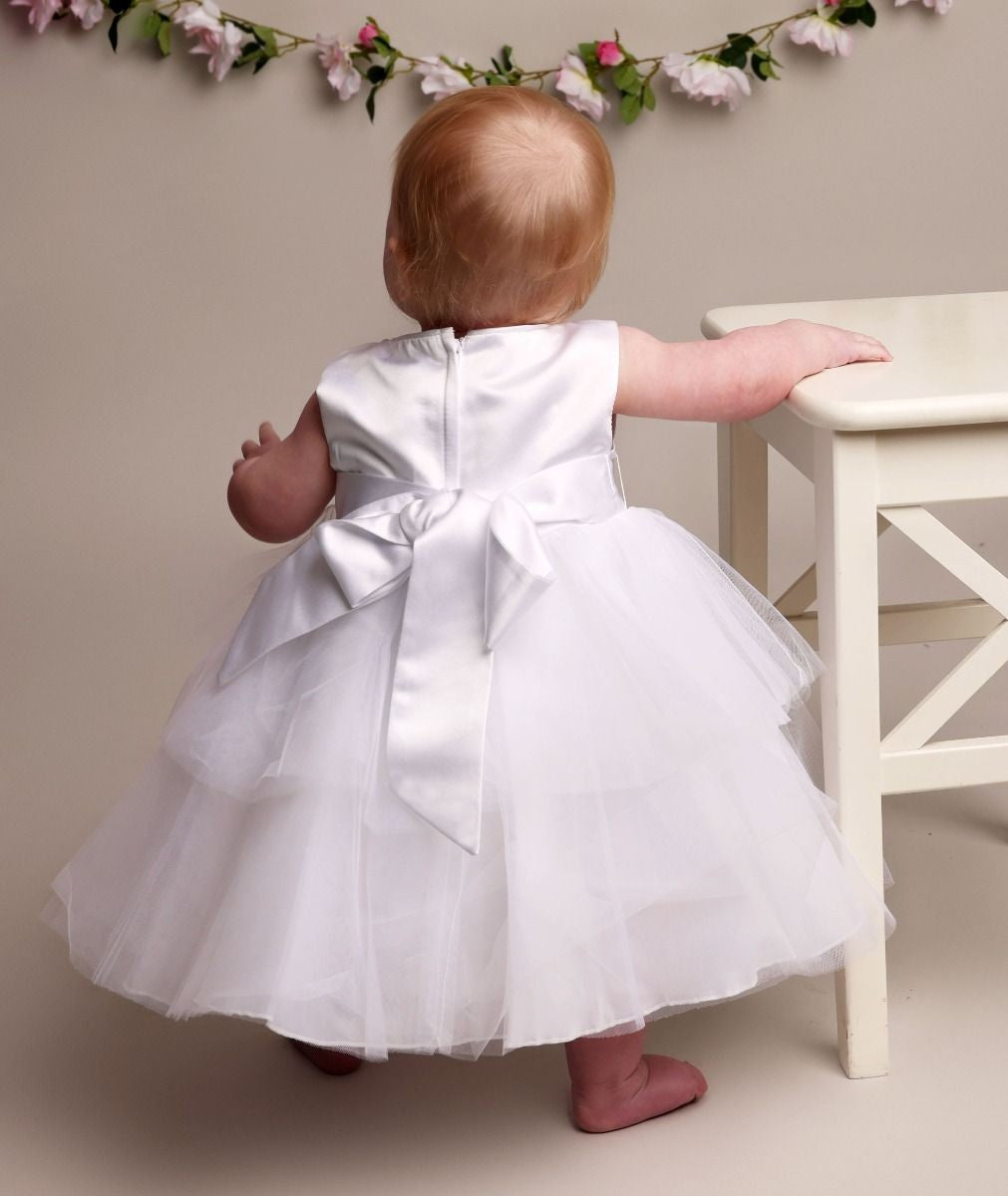 Baby Mädchen Taufkleid mit Satin Schleife - K038 - Weiß