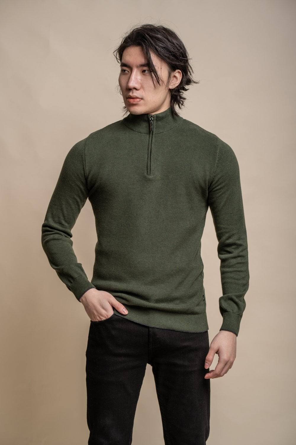 Men's Half Zip Knit Cotton Pullover - KYLE - Olive Green