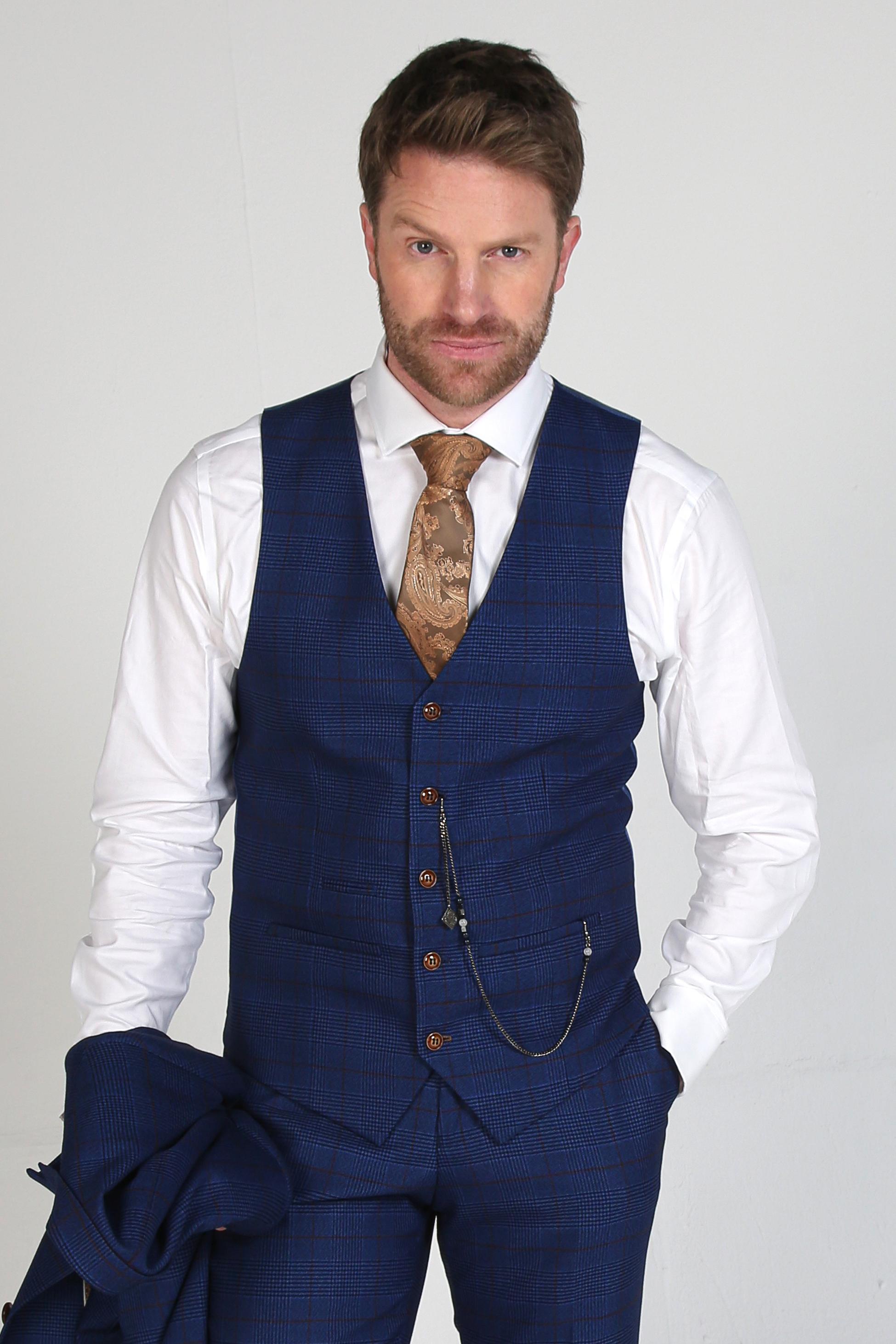 Men's Tweed Windowpane Navy Waistcaot- ALEX - Navy Blue