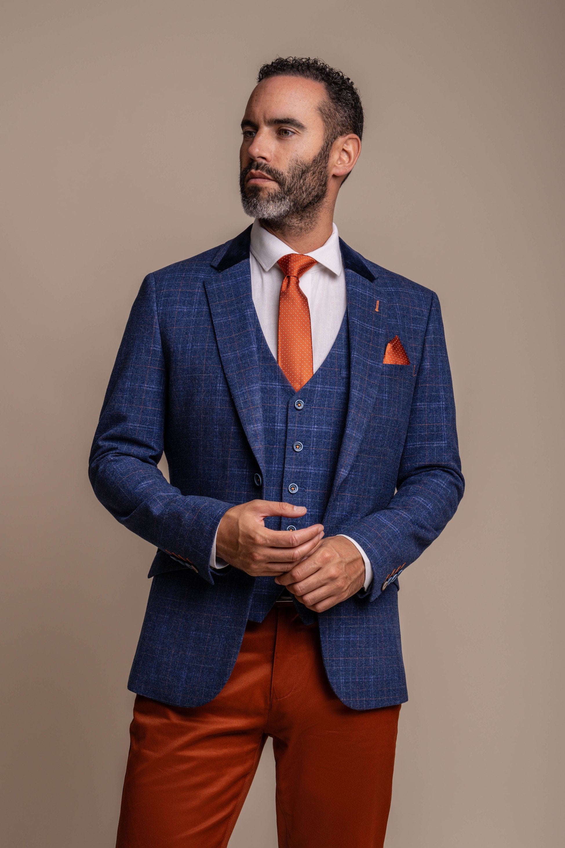 Ensemble Combiné Costume en Tweed Bleu et Chino Brun pour Homme - Bleu Marine avec Brun Rouille