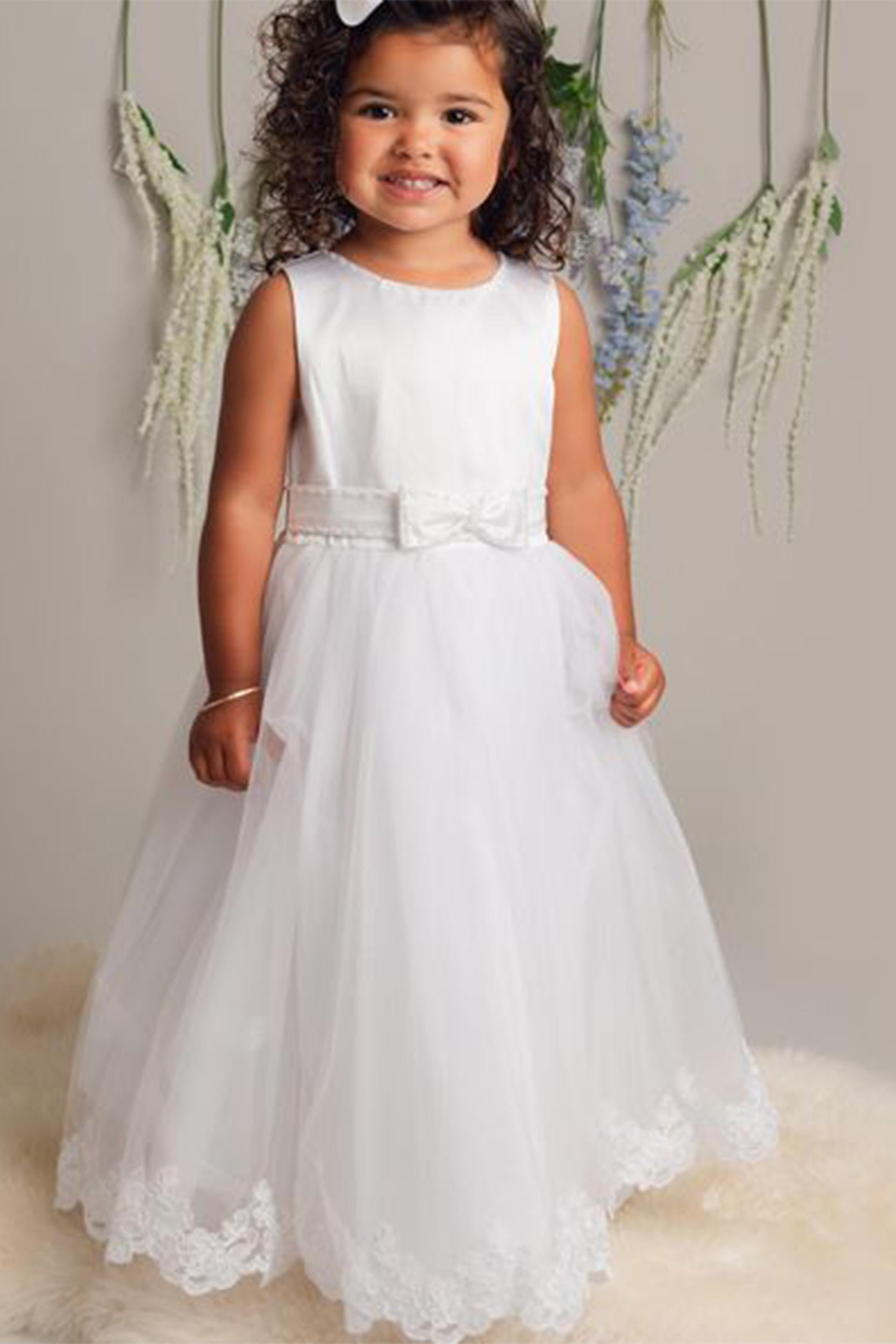 Flower Girl Long Dress with a Tulle Cape – CLAIRE - White