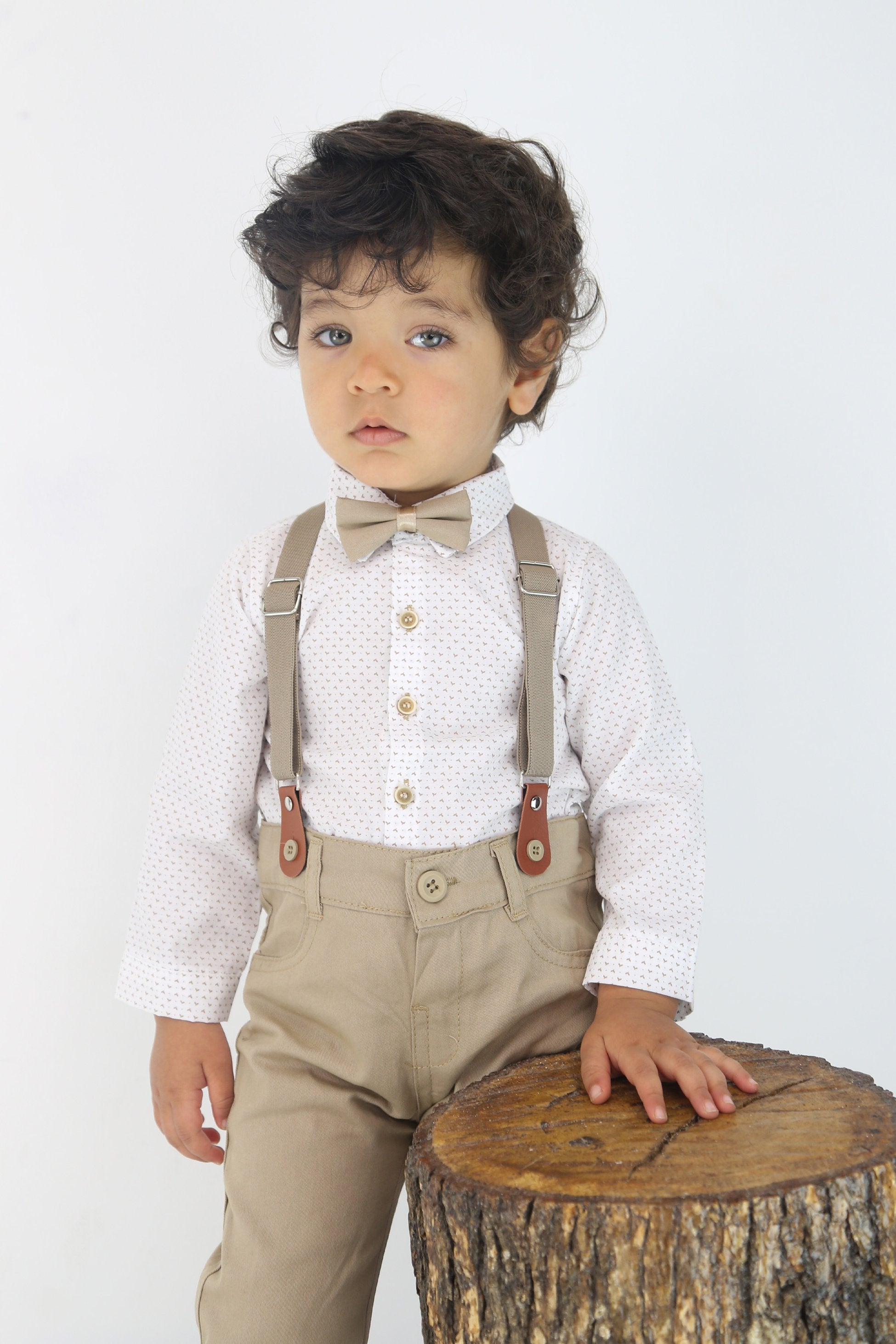 Baby Boys Gentleman Outfit - 4 PC Suspenders Pant Suit Set - BIRD - Tan Brown