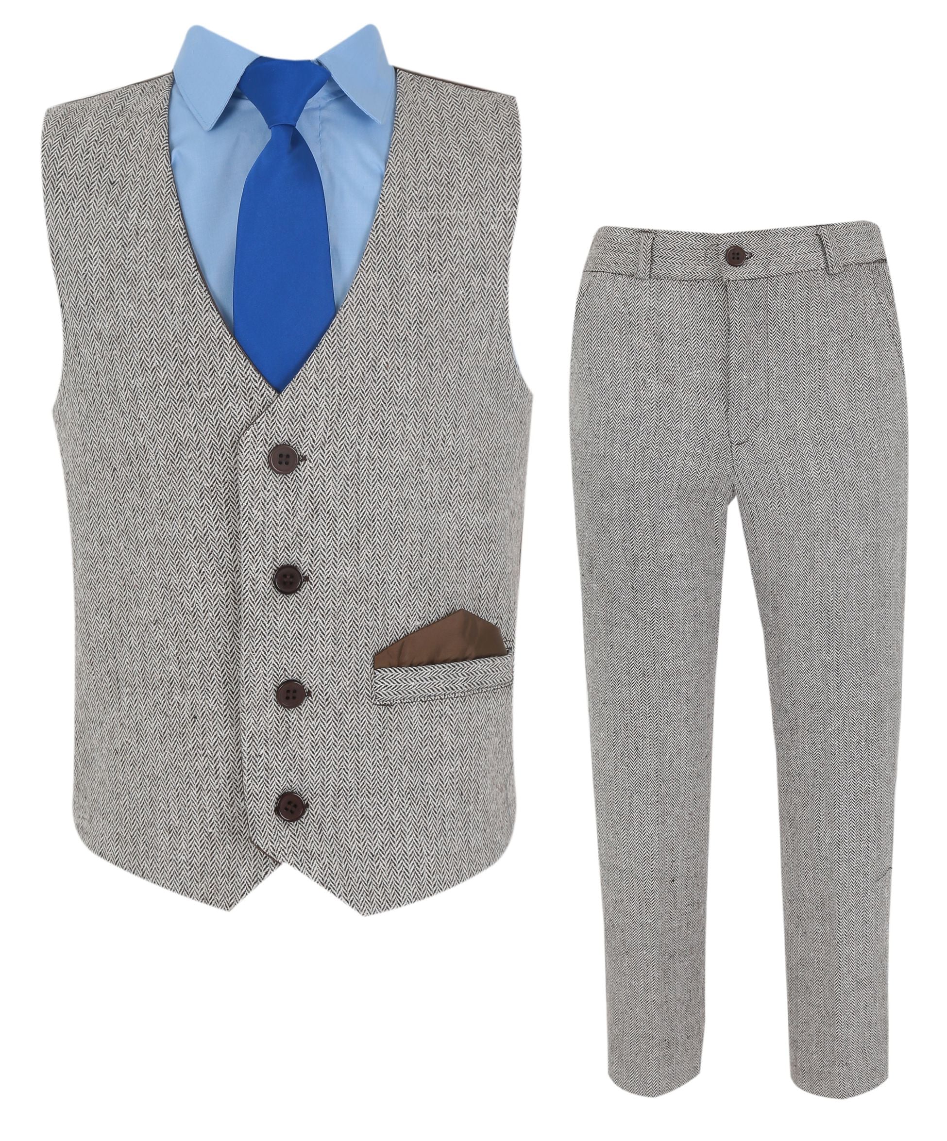 Boys Herringbone Tweed Waistcoat Suit Set - Light Brown