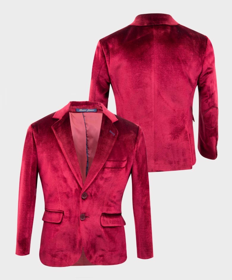 Costume en Velours Tailored Fit avec Patte de Coude pour Garçons - Rouge Bordeau