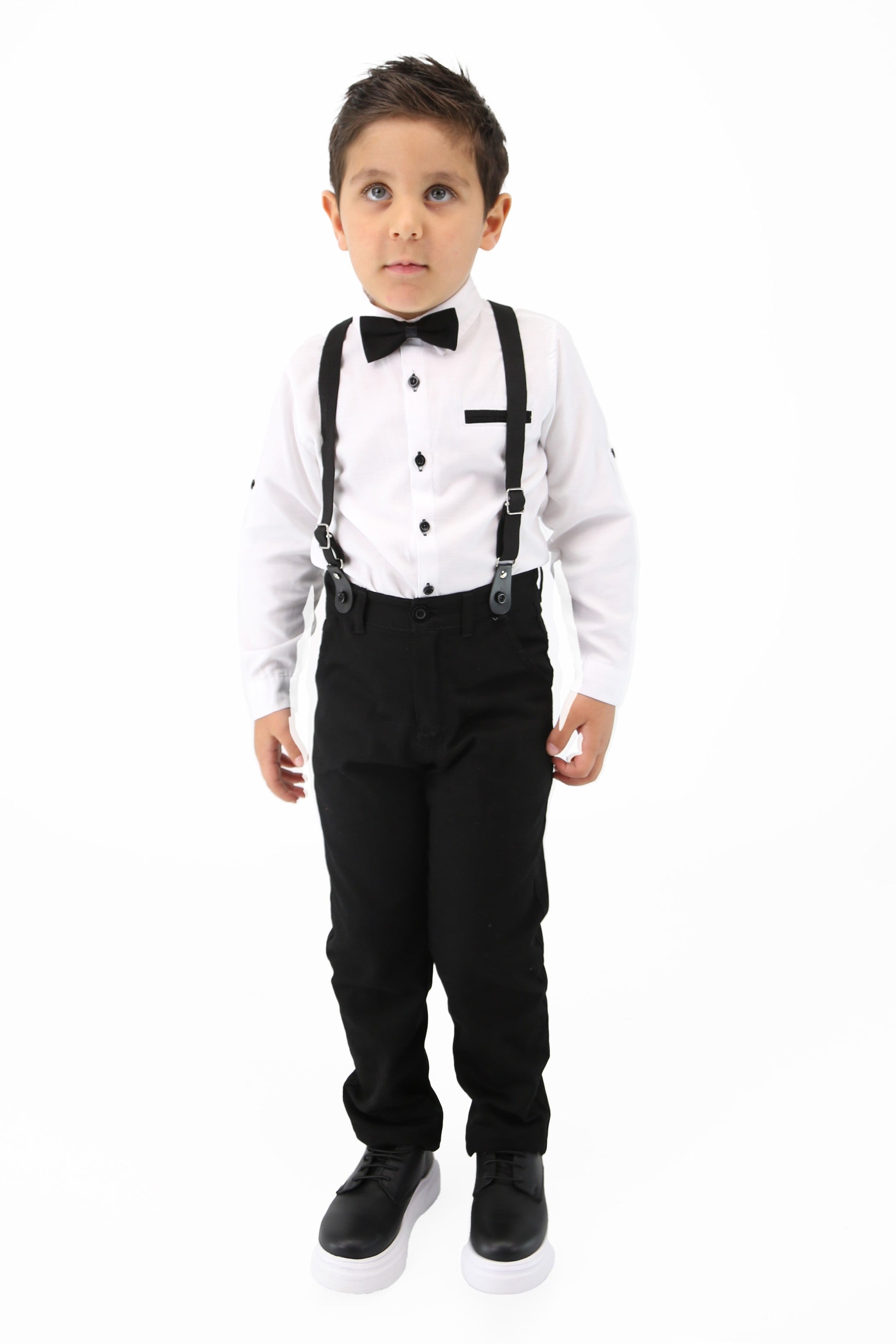 Ensemble de gentleman pour bébés et garçons - Ensemble de costume avec bretelles et pantalon 4 pièces - OXFORD - Blanc - Bleu Marine