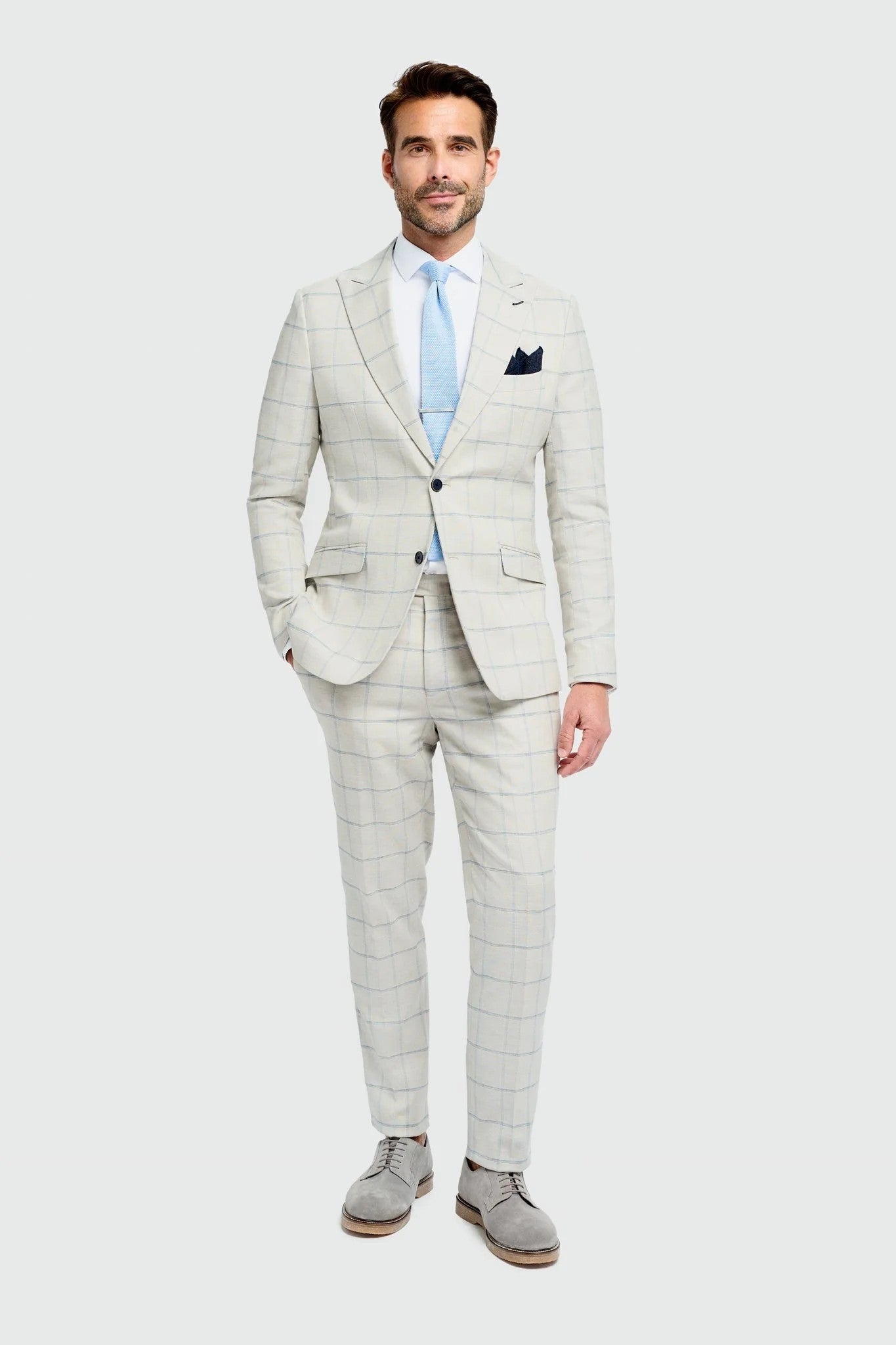 Men’s 2-Piece Light Grey Windowpane Check Suit - Gabriel - Light Grey