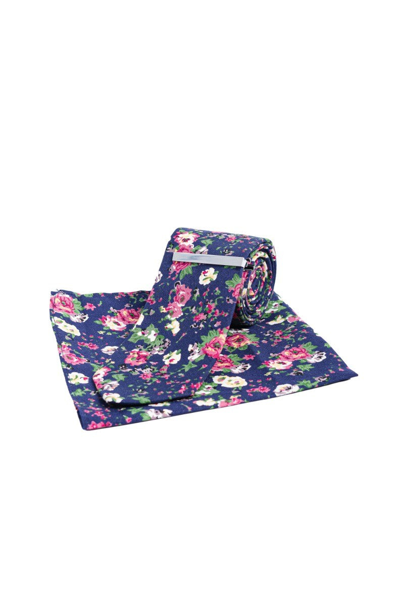 Men's Floral Multicolored Tie Set - Navy Blue