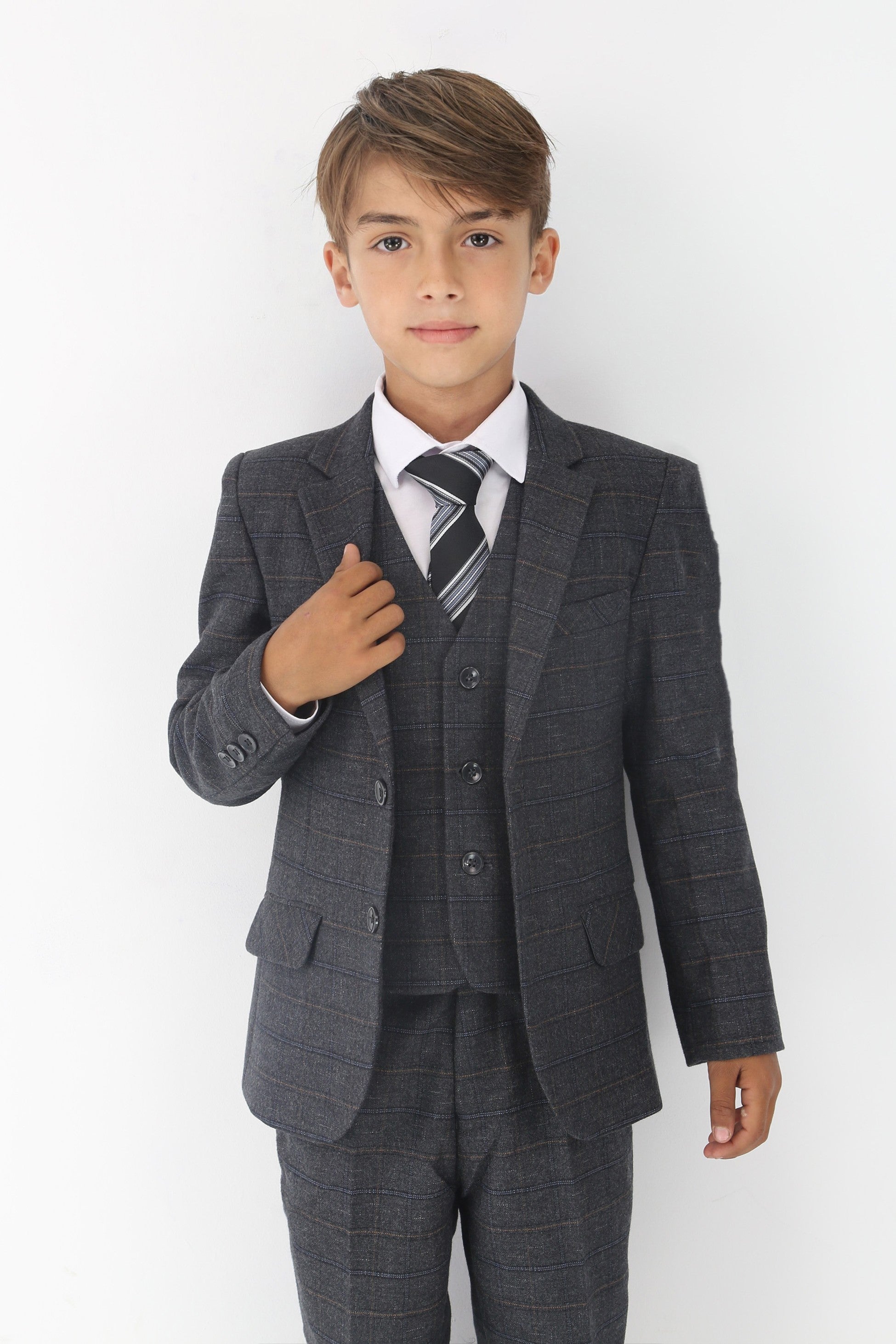 Boys Tweed Like Check Tailored Fit Formal Suit Set - Charcoal Grey