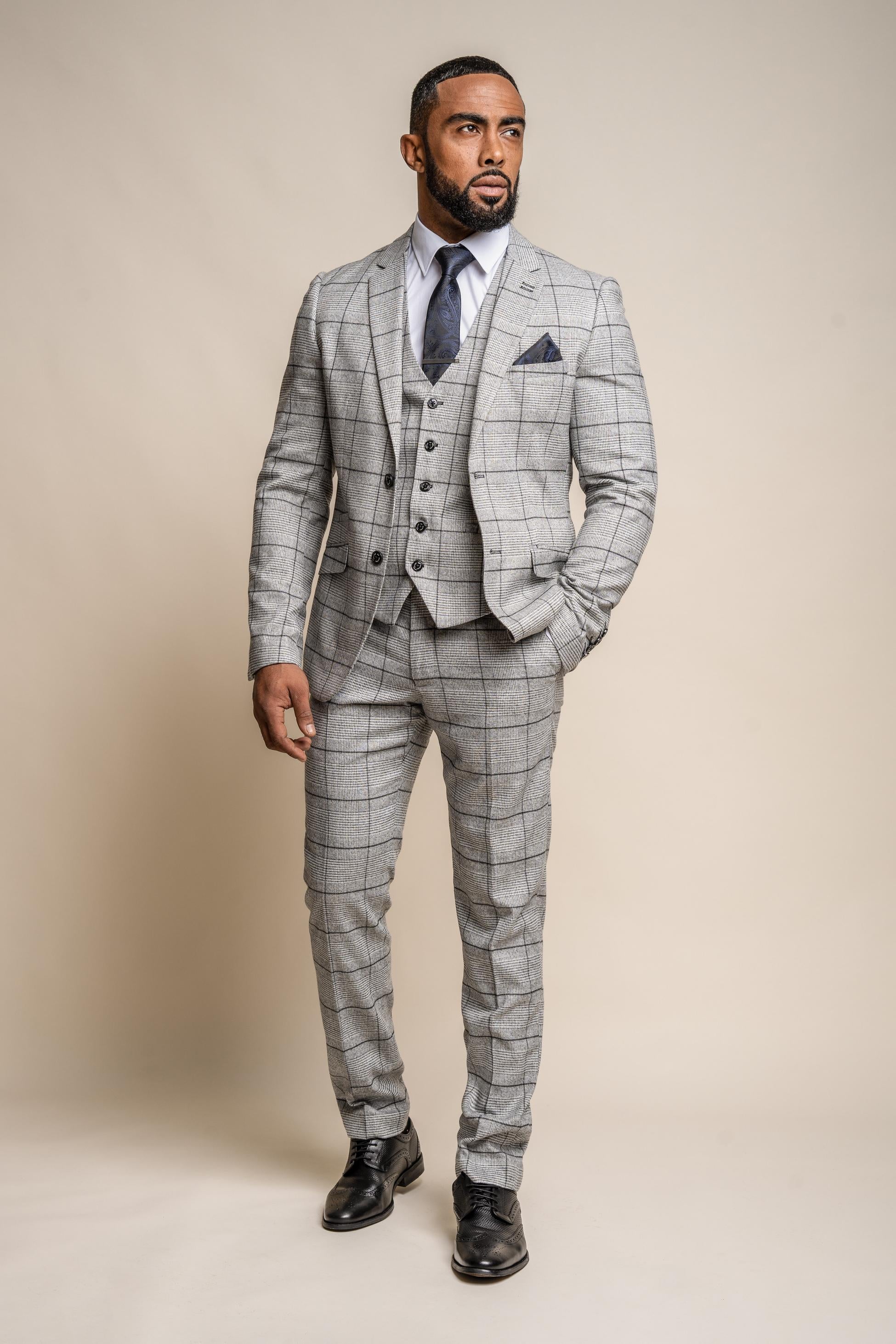 Herren Tweed Windowpane Karo Slim Fit Anzug - GHOST Grey - Hellgrau