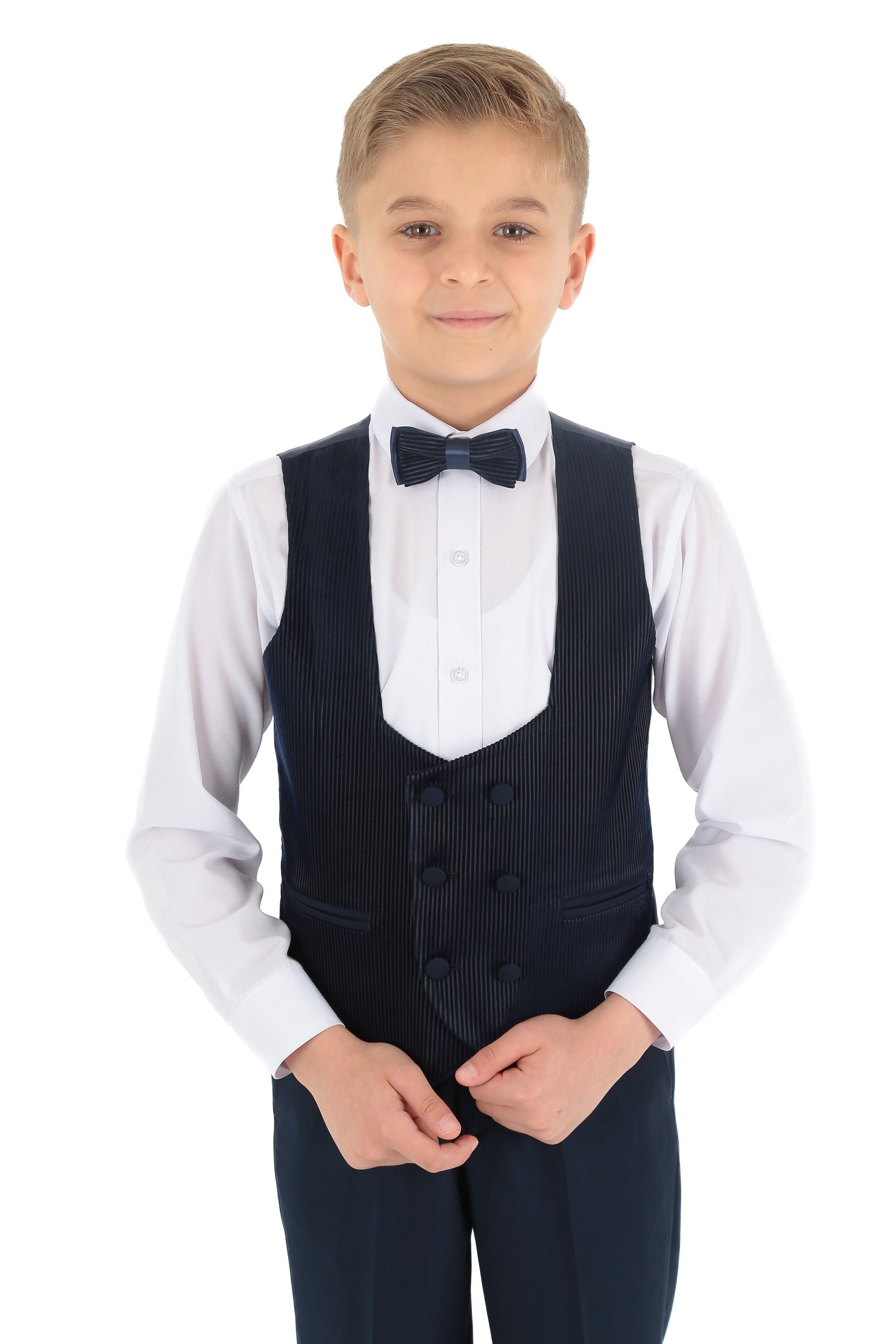 Costume Tuxedo avec Gilet en Velours Côtelé et Revers Shawl pour Garçons - Bleu Marine